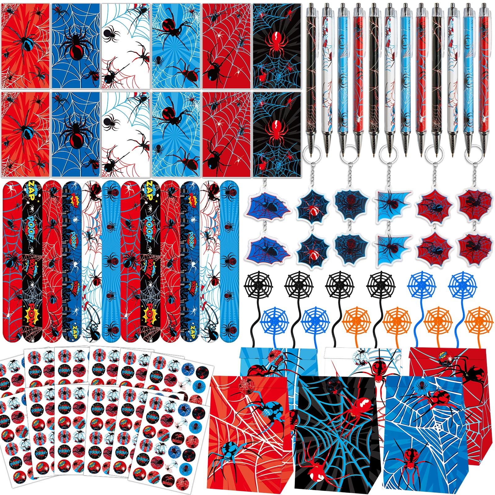 Photo 1 of 84pcs Spider Party Favors with Pens Notepads Paper Gift Bags Spider Web Key Chains Slap Bracelet Sticker Red Black Spider Themed Party Supplies for Boy Girl Birthday Game Activities Party Decorations