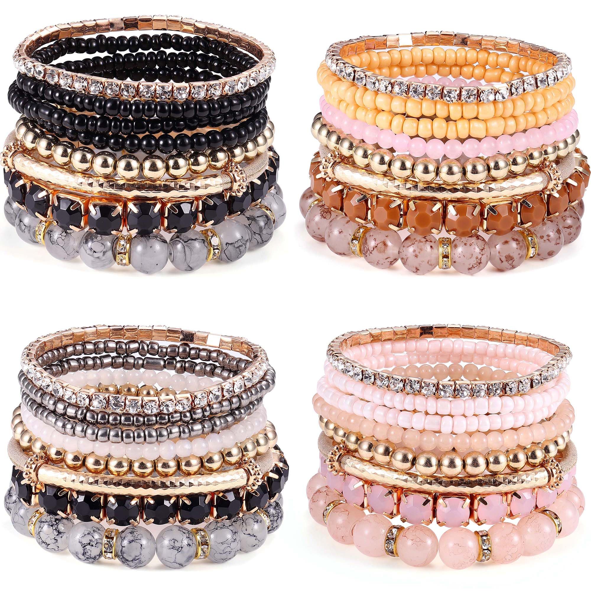 MILACOLATO 4 Sets Boho Bracelets for Women Multi-Color Layered Stackable Natural Beaded Bracelets Adjustable Stretch Bohemian Bracelets, 7.9 inches, Crystal, crystal