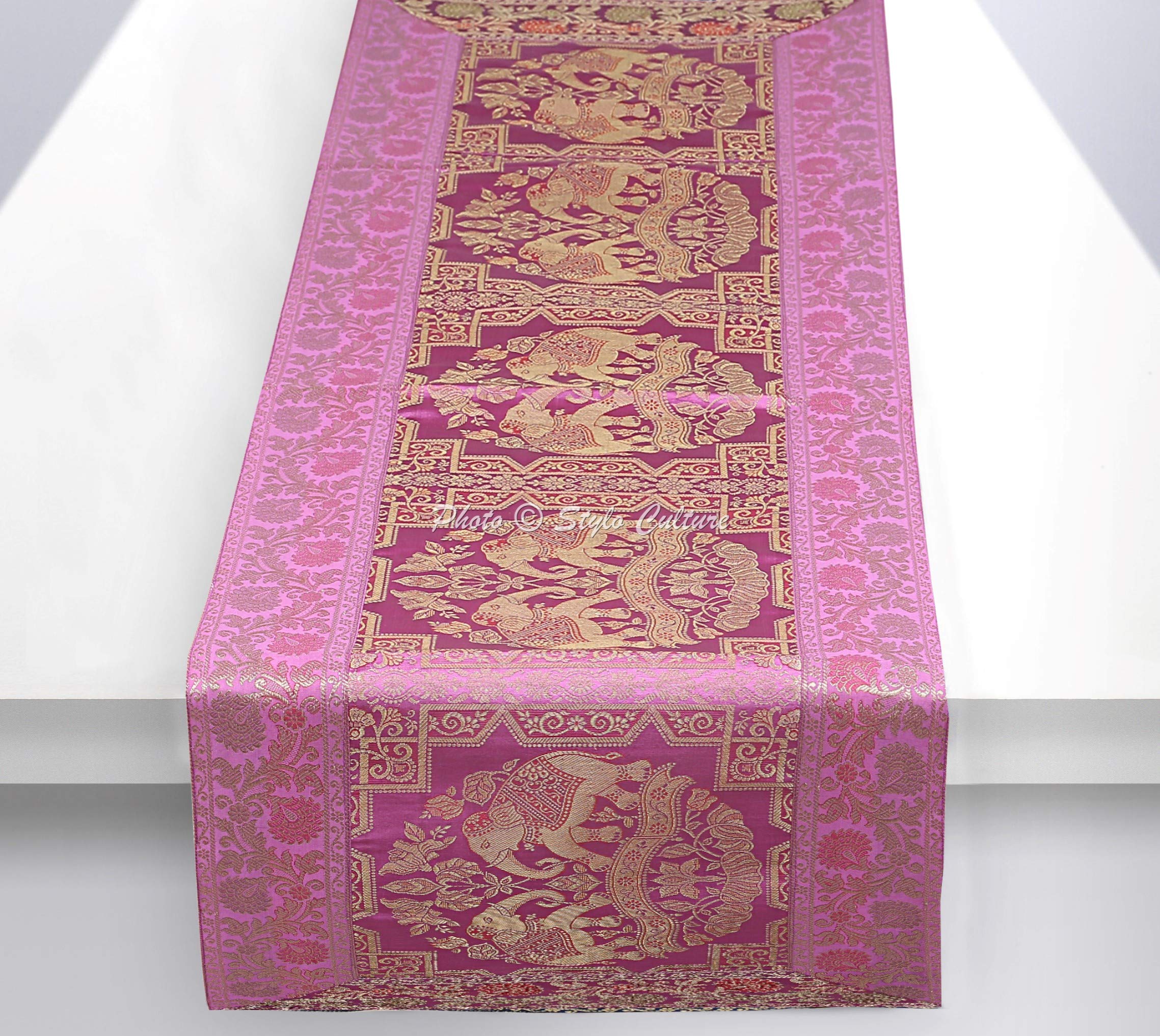 Stylo Culture Bohemian Long Wedding Table Runner Baby Pink Gold Elephant & Floral Brocade Jacquard Rectangle Home Decor Indian Dining Room Tablecloth | 60x16 Inches ( 152 x 40 cm)
