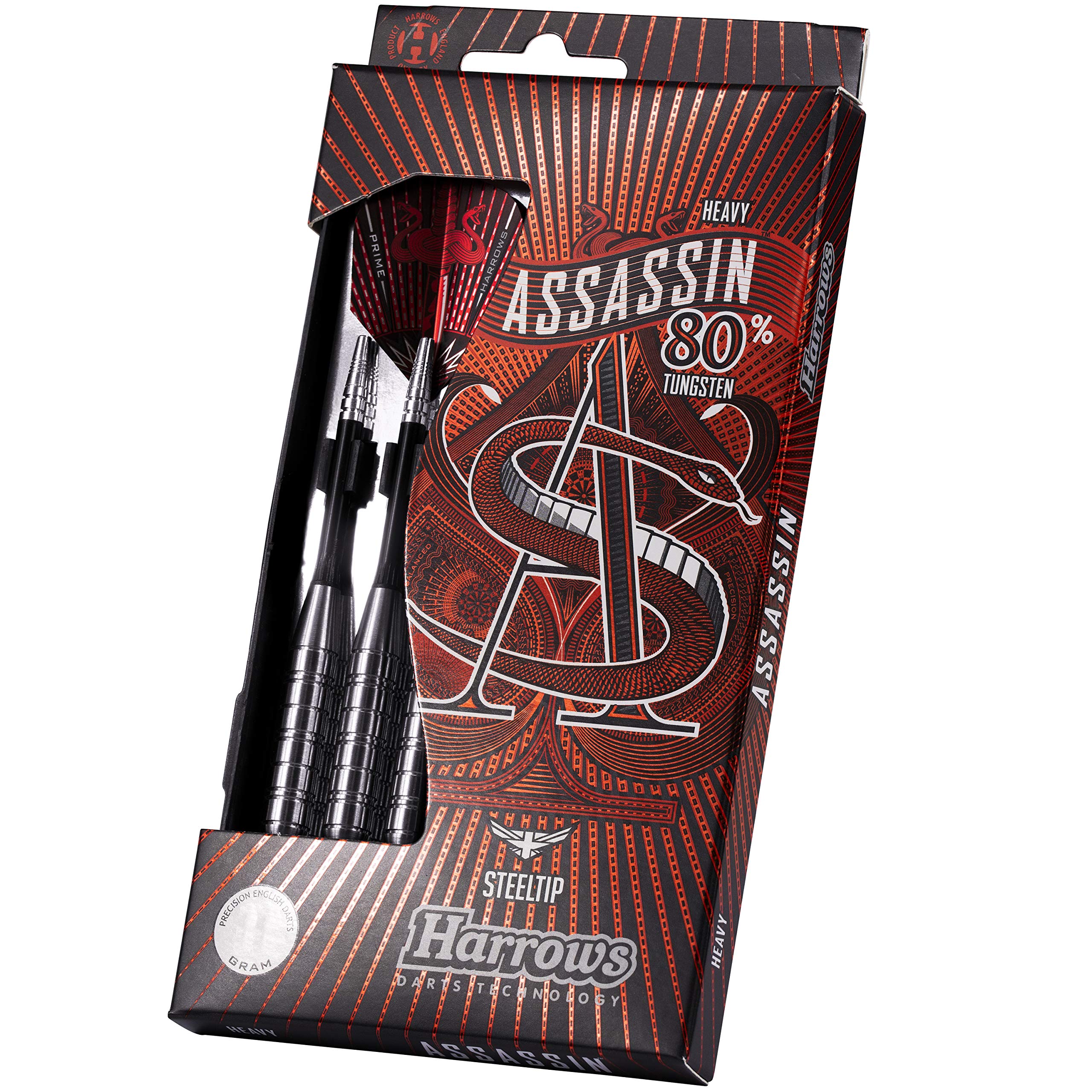 Harrows Assassin Tungsten Pro Darts | Steel Tip Darts set with carry case | All Weights| Includes Nylon Shafts, 100 Micron Prime Flights and Travel Case (28g)