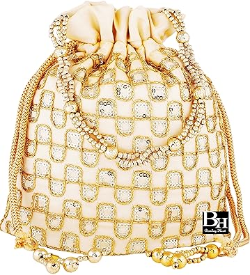 Bombay Haat Womens Silk Ethnic Rajasthani Potli Bag/Bridal Clutch, Purse for Party (Golden)