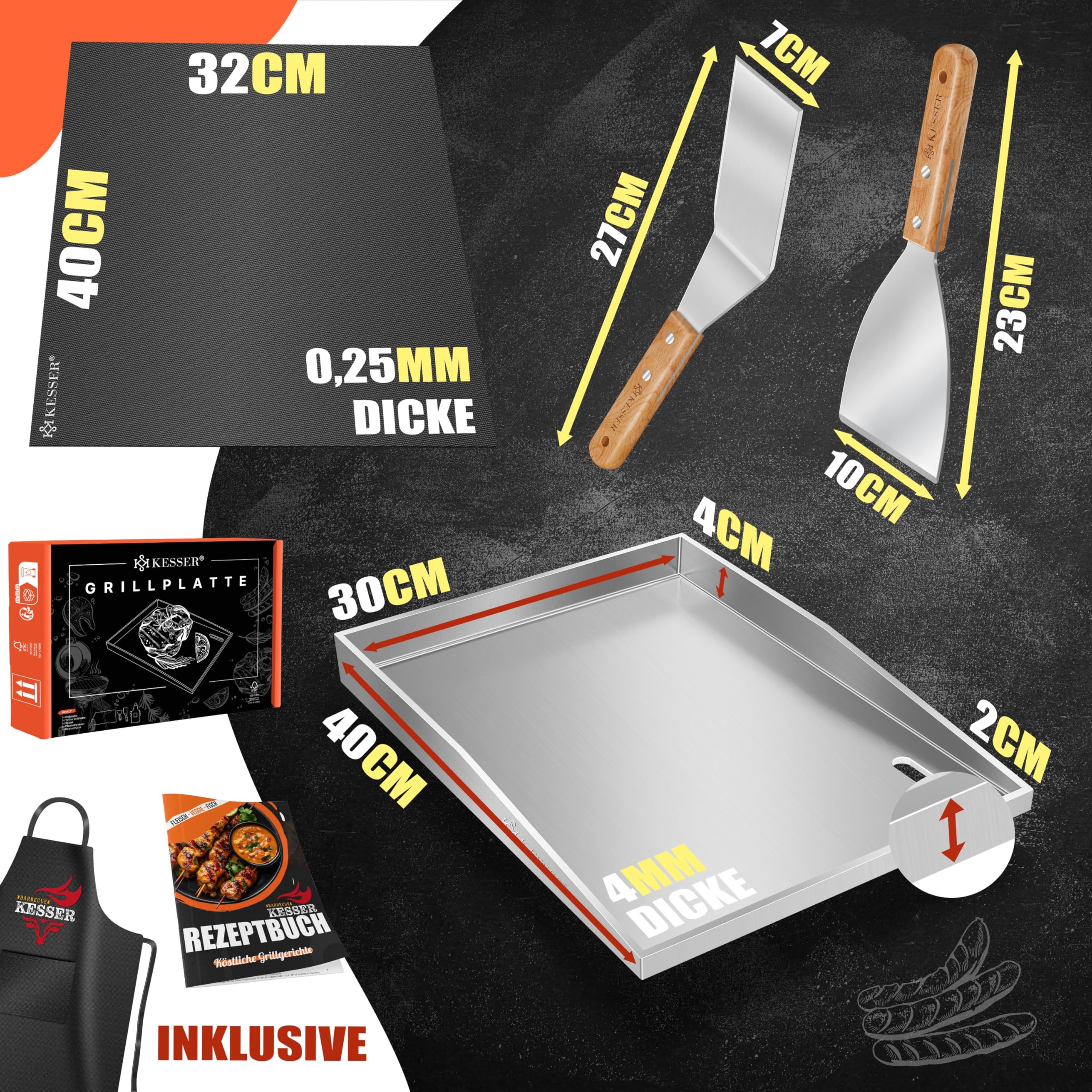 KESSER® Grillplatte Plancha aus Edelstahl 40x30cm rostfrei mit Fettablauf, hitzebeständig bis 800°C & Spülmaschinenfest für Gas & Holzkohlegrill inkl. 2 Spatel, Grillschürze, Grillmatte & Rezeptbuch 7