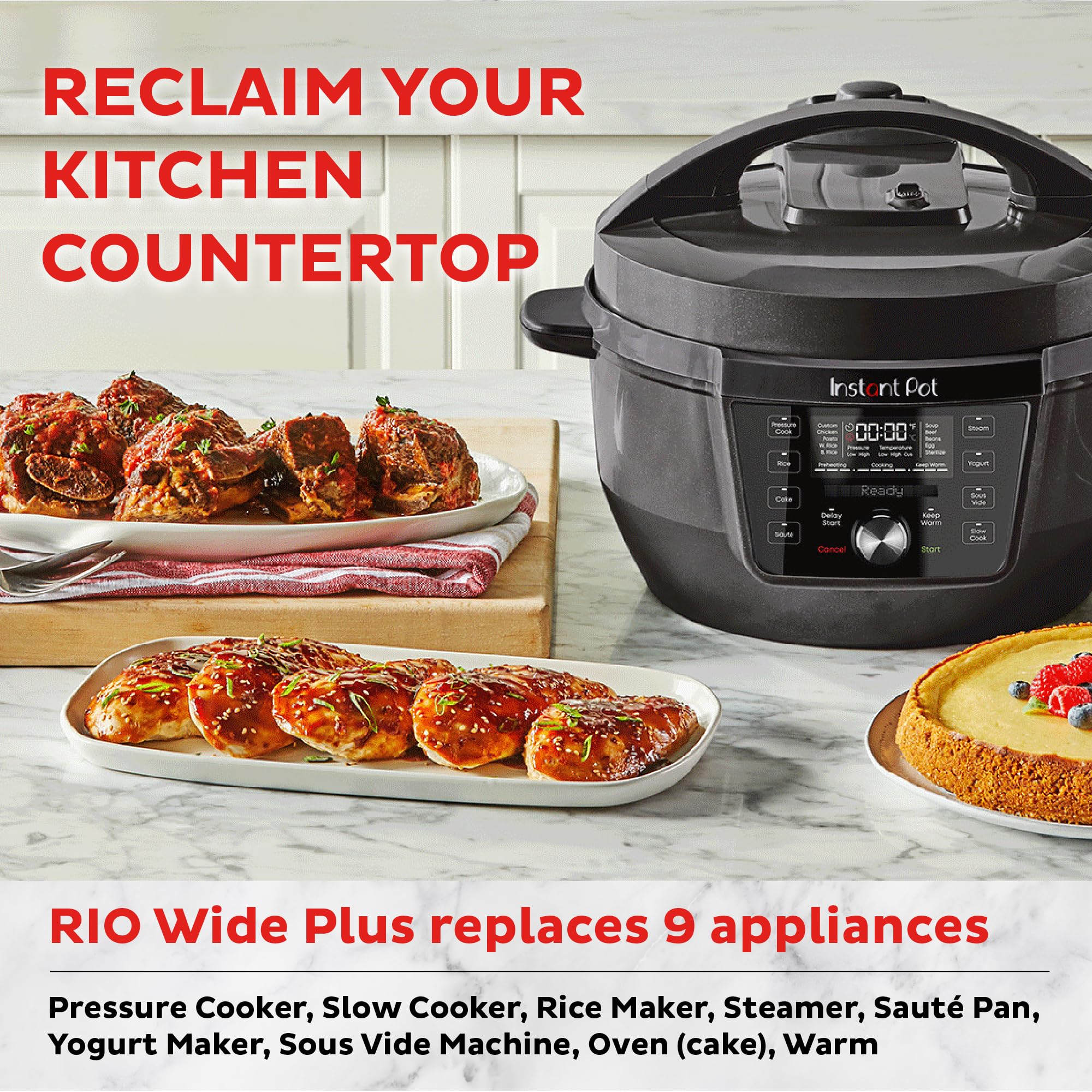 Instant Pot RIO Wide Plus, 9-in-1 Electric Pressure Cooker, 35% Larger Cooking Surface, WhisperQuiet Steam Release, Multi-Cooker, Slow Cook, Rice Maker, Steamer, Sauté, Cake, & Warmer, 7.5 Quarts
