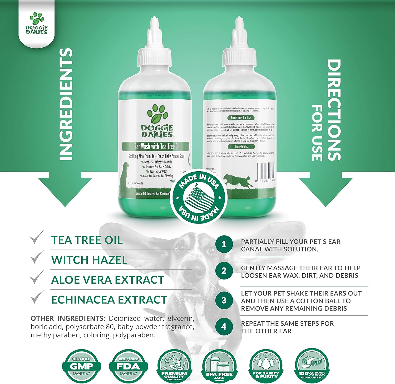 Doggie Dailies Pet Ear Cleaner, Tea Tree Oil, Witch Hazel and Soothing