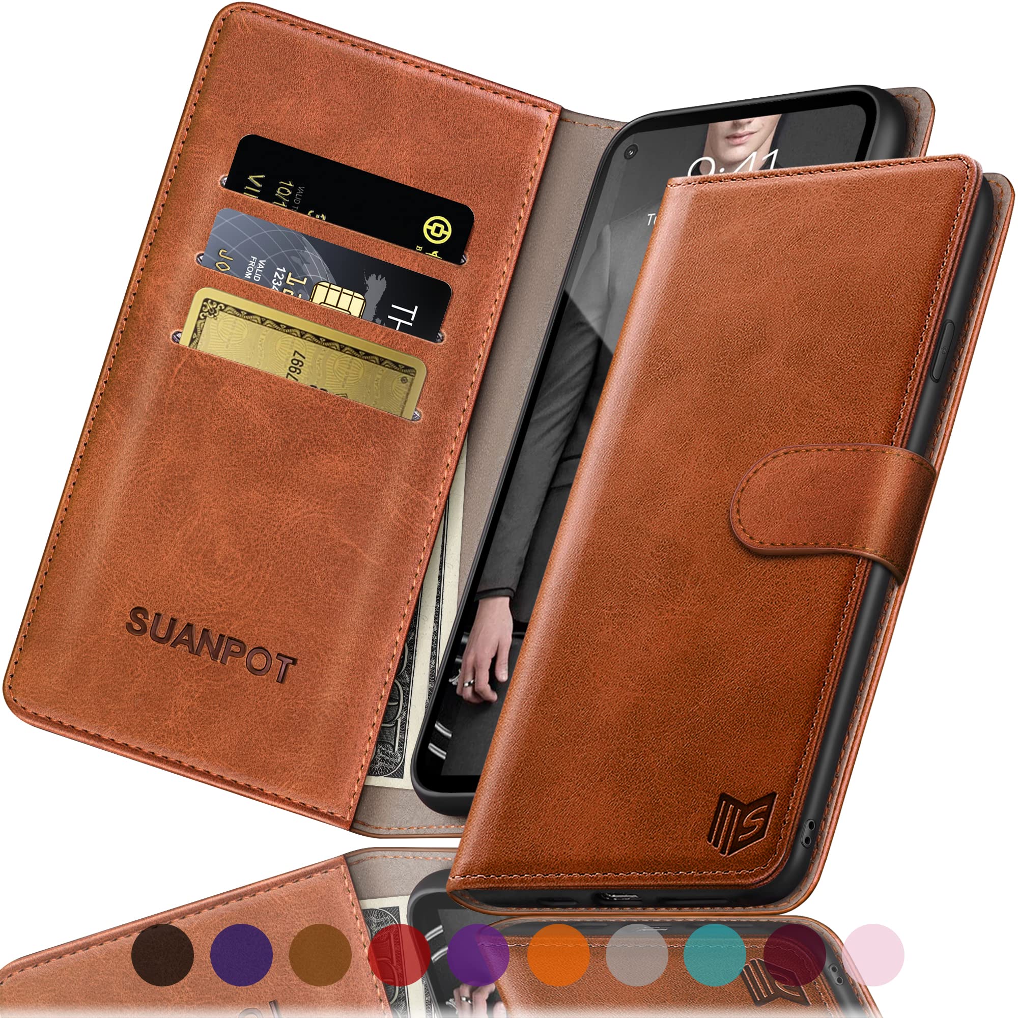 SUANPOT for Huawei P30 Lite case with [Credit Card Holder][RFID Blocking],PU Leather Flip Book Protective Cover Women Men for Huawei P30 Lite Phone case Light Brown