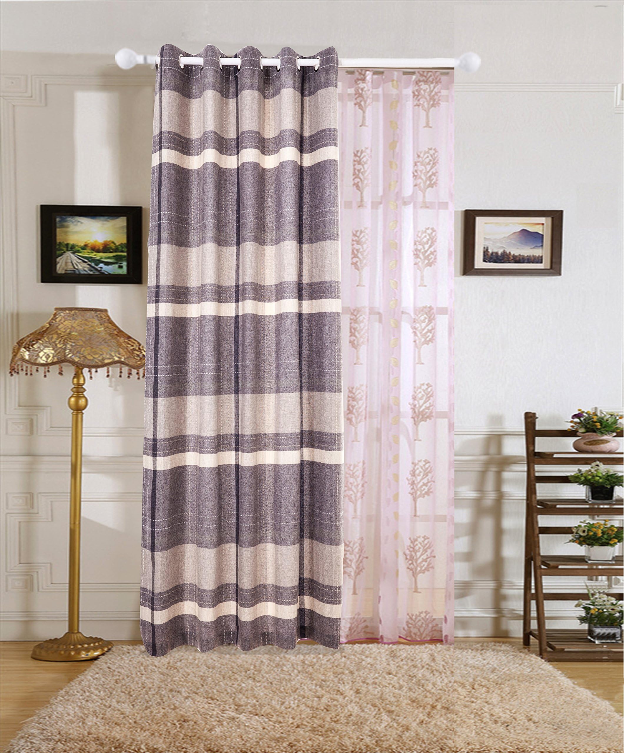 Vantextile Decorative Single Door Curtain, Tartan Check Eyelet Lined Curtains, Sold As A Single Panel, Dining and Bedroom Fully Lining Super Soft Curtains. 1 Panel (W66''xL54'', Light Grey)