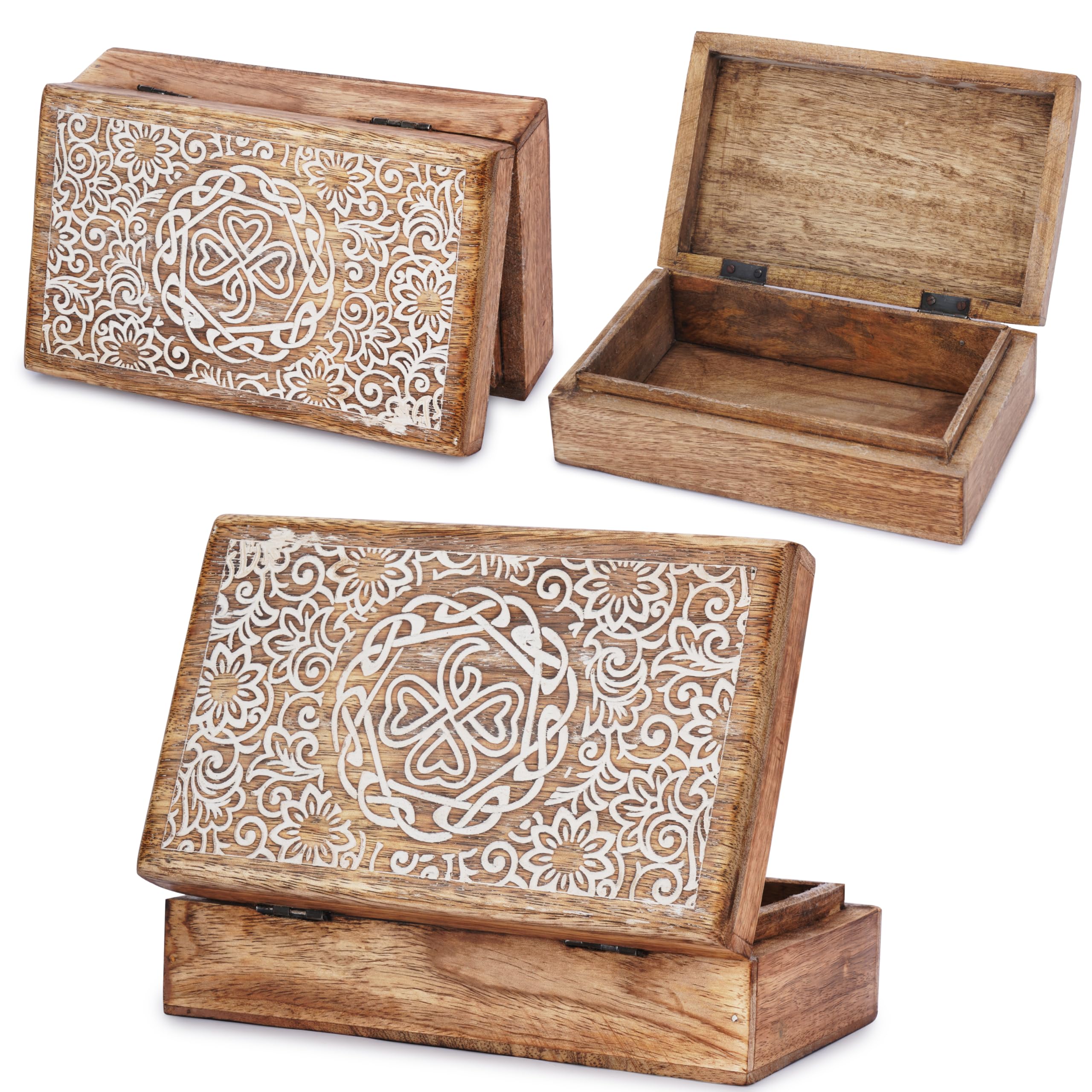 Ajuny Wooden Jewellery Box - Handcrafted Mango Wood Celtic Decorative Multipurpose Keepsake Box, Treasure Chest Memory Boxes Organizer Travel Trinket Holder Case Gifts - 8x5 Inch