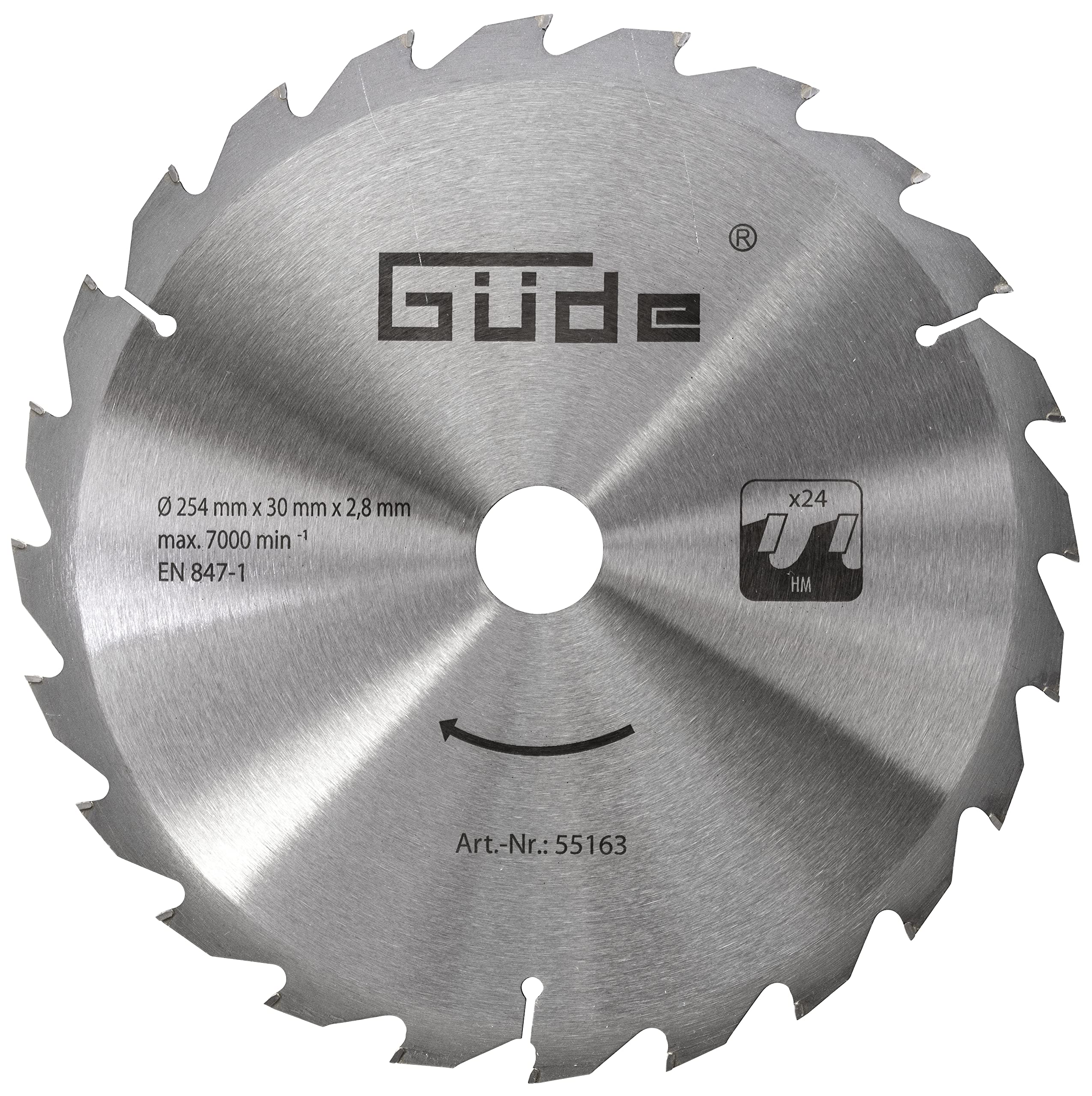Güde 55163 Wood Saw Blade HM 254 x 30 x 24T (Carbide, 10 Inch Diameter, 3 cm Saw Blade Bore, 24 Teeth, 1.8 mm Saw Blade Thickness, for Max. Cuts with up to 7000 RPM)