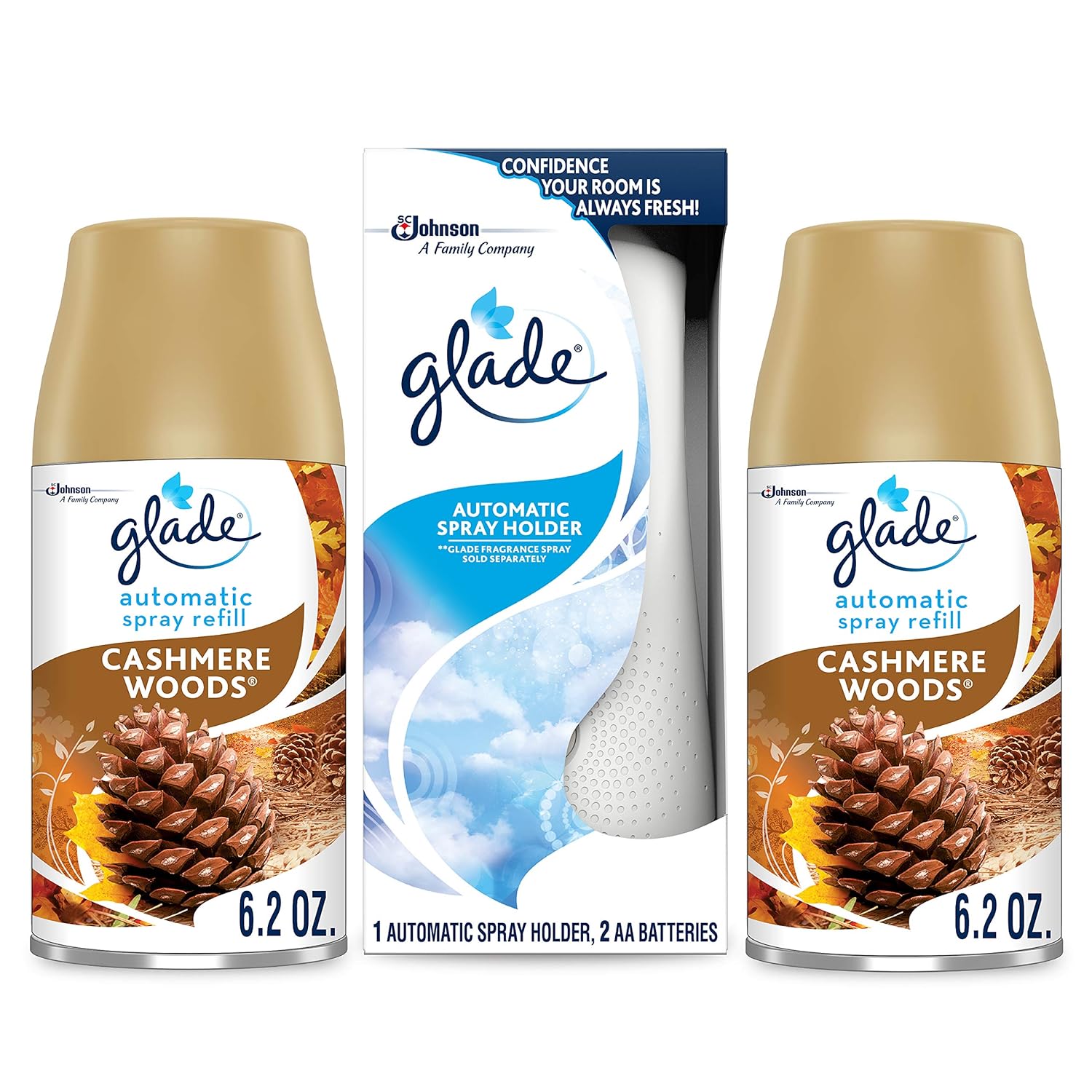 Glade Automatic Spray Holder Starter Kit, Air Freshener Spray and Refills, Cashmere Woods, 1 Holder + 2 Refills, Battery-Operated Holder for Automatic Spray Refill, 2 6.2 oz Refills