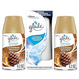 Glade Automatic Spray Holder Starter Kit, Air Freshener Spray and Refills, Cashmere Woods, 1 Holder + 2 Refills, Battery-Operated Holder for Automatic Spray Refill, 2 6.2 oz Refills