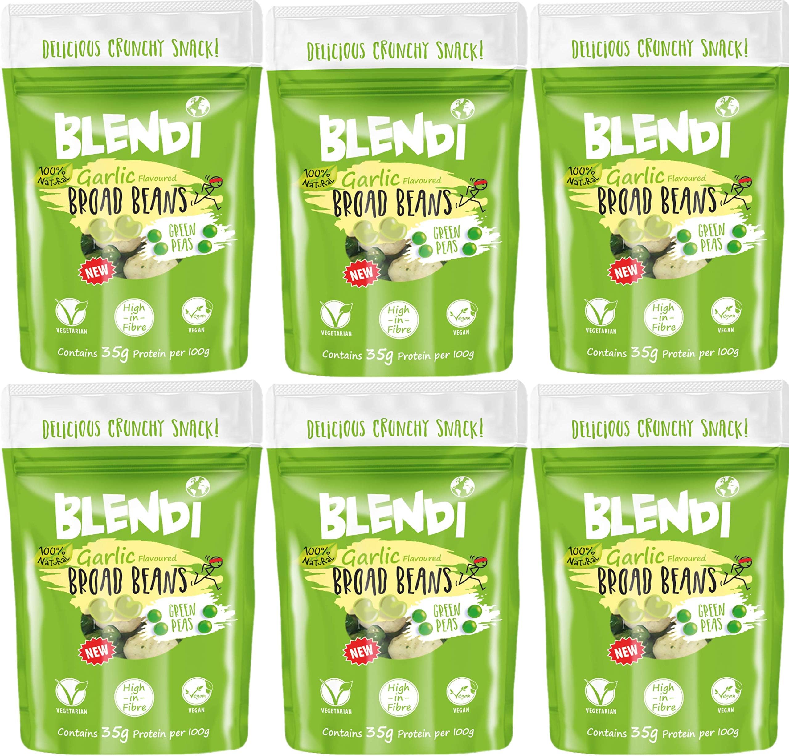 Roasted Broad Bean & Green Pea Healthy Snack - Garlic Flavour - Low Calorie, Low Fat and High Protein - 6 x 35g Pack - by Blendi