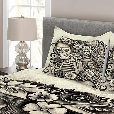 Buy Lunarable Day Of The Dead Bedspread Spanish Mexican Festival Theme Skeleton Girl With Flowers Print Decorative Quilted 3 Piece Coverlet Set With 2 Pillow Shams King Size Dimgrey Beige Online In