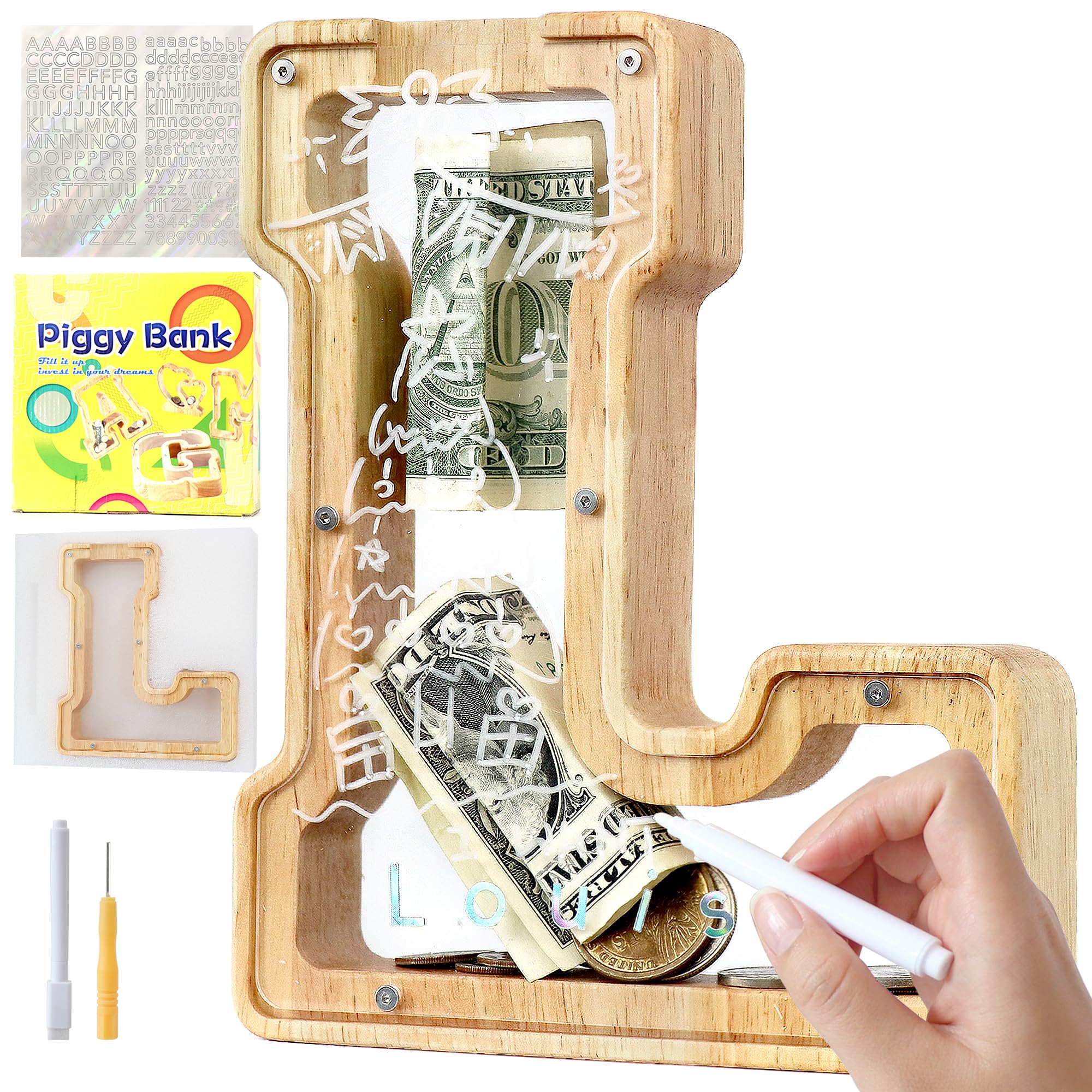 Mikytoper Letter Money Box for Kids Wooden Personalized A-Z Alphabet Piggy Bank Clear Money Bank Coin Bank for Gift Decoration Baptism (L)