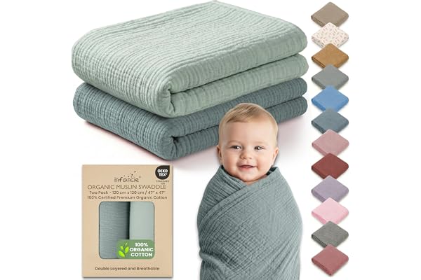 Infancie 100% Organic Cotton Baby Muslin Blanket 120 X 120 CM Muslin Swaddle Blanket 2 Pack Soft Breathable Lightweight Gentl
