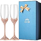Jozen Gift Champagne Flutes - Crystal Glass Metal Base With Crystal Stones, Set of 2 Toasting Flute Pair, Wedding Anniversary Party Birthday Banquets and Gifts for Bride and Groom (Rose Gold)