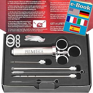 Premiala - Die Einzig Bratenspritze in Edelstahl 304 für alle Teile, die Essen berühren +3 Nadeln +5 Ersatz-O-Ringe +e-Book! 60ml 2 Unzen Profi-Marinadenspritze für Rind, Huhn, Gebäck mit Marmelade zu befüllen