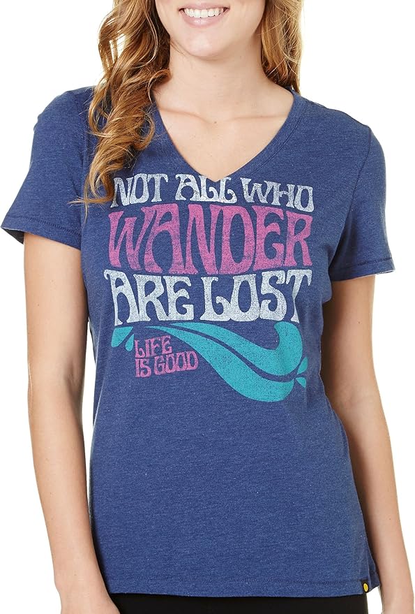 Life is good Women's Cool Vee Neck Not All Who Wander TShirt (Darkest Blue), XLarge Amazon