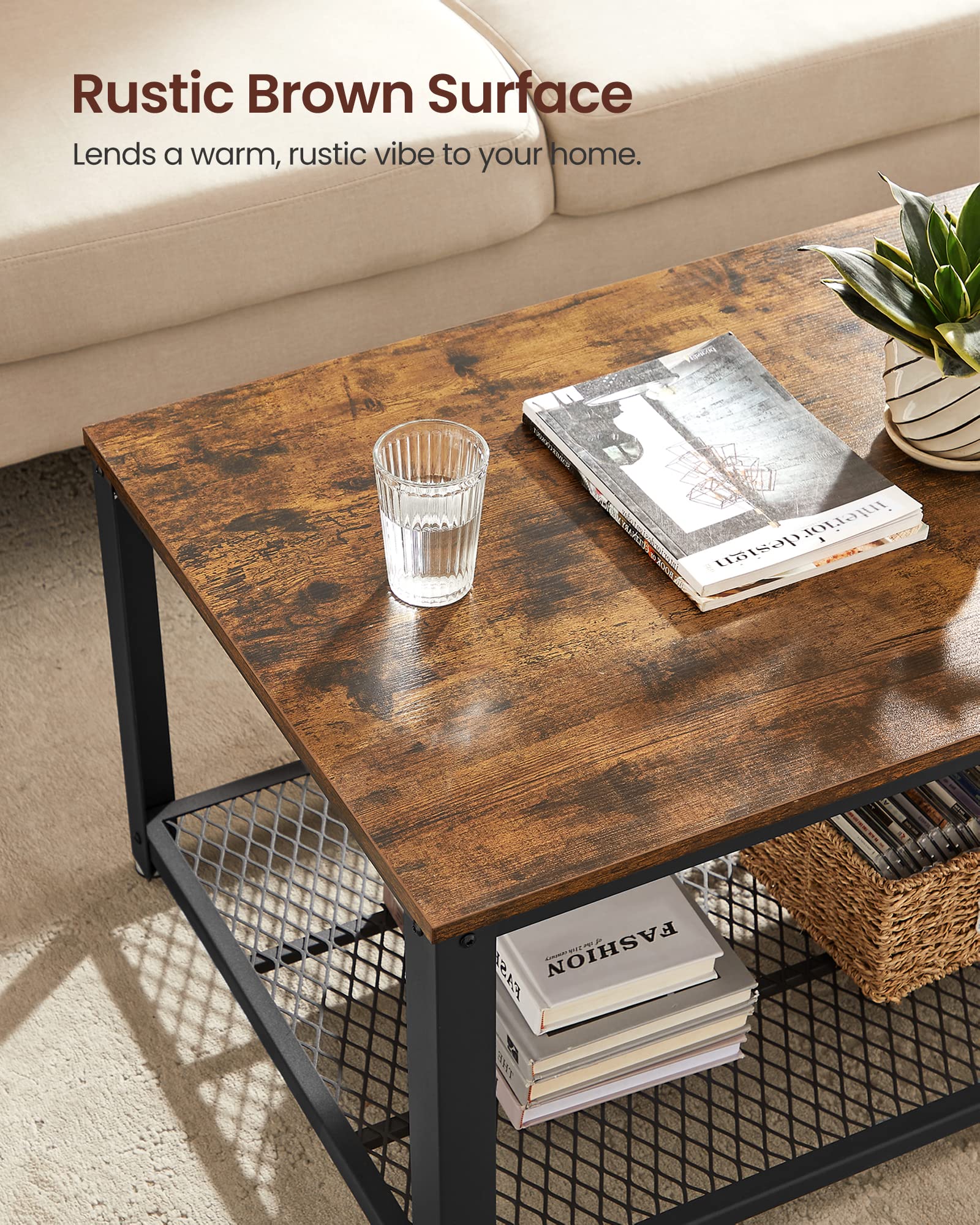 VASAGLE Coffee Table for Living Room, 2-Tier Cocktail Table, Center Table with Mesh Shelf, Steel Frame, Adjustable Feet, Industrial Style, Rustic Brown and Black ULCT61X