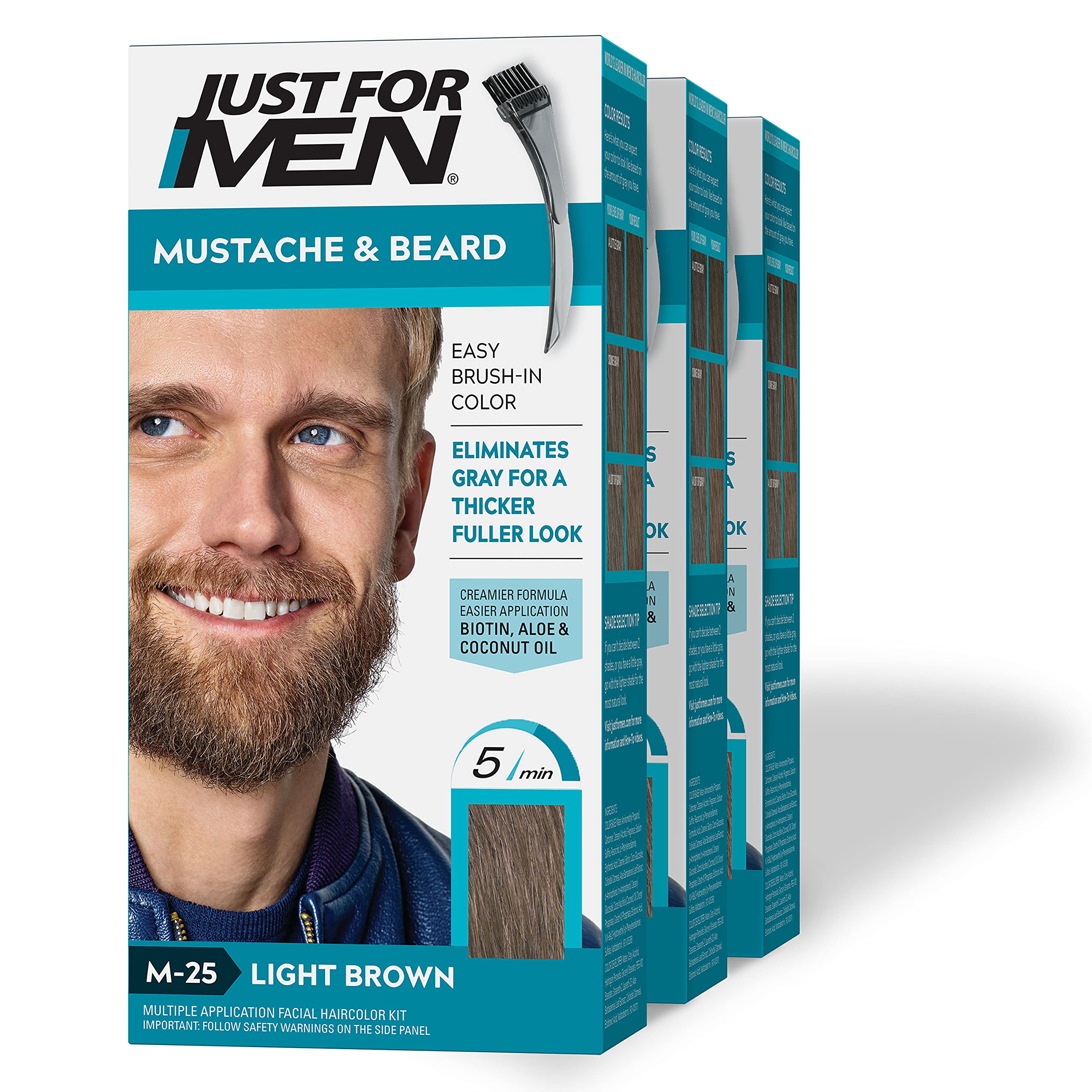 Just For Men Mustache & Beard, Beard Dye for Men with Brush Included, With Keratin Biotin Aloe and Coconut Oil for Healthy Facial Hair - Light Brown, M-25, Pack of 3 (Packaging May Vary)
