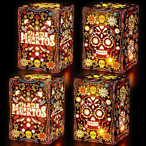 Erweicet Day of The Dead Decorations 24pcs Sugar Skull Paper Candles Holders Boxes with 24 Flameless LED Tea Lights Candles Dia De Muertos Decorations Supplies (TD-LB)