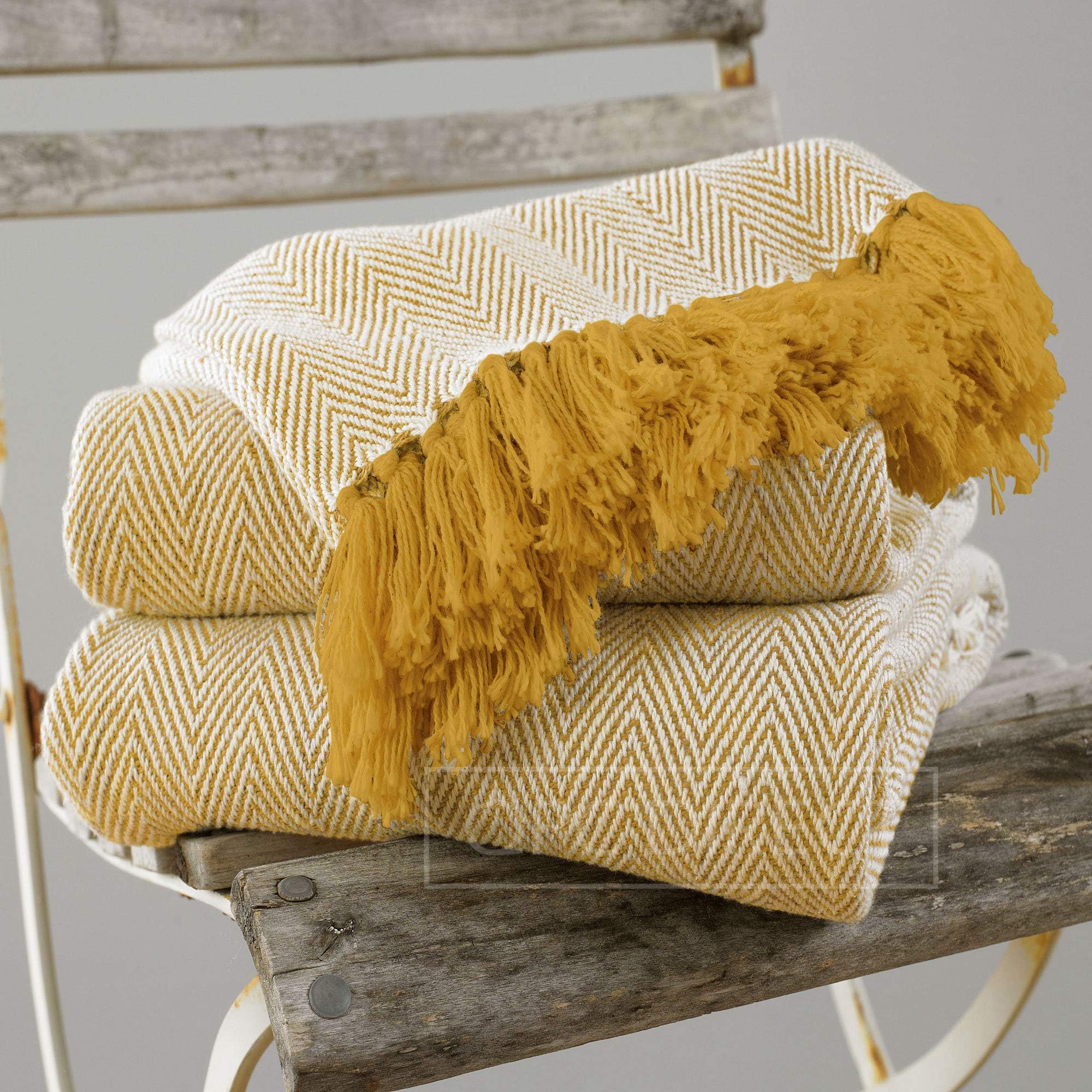 QPC Direct 100% Cotton Herringbone Throw, Mustard Ochre Yellow (Jumbo 228 x 254cm)