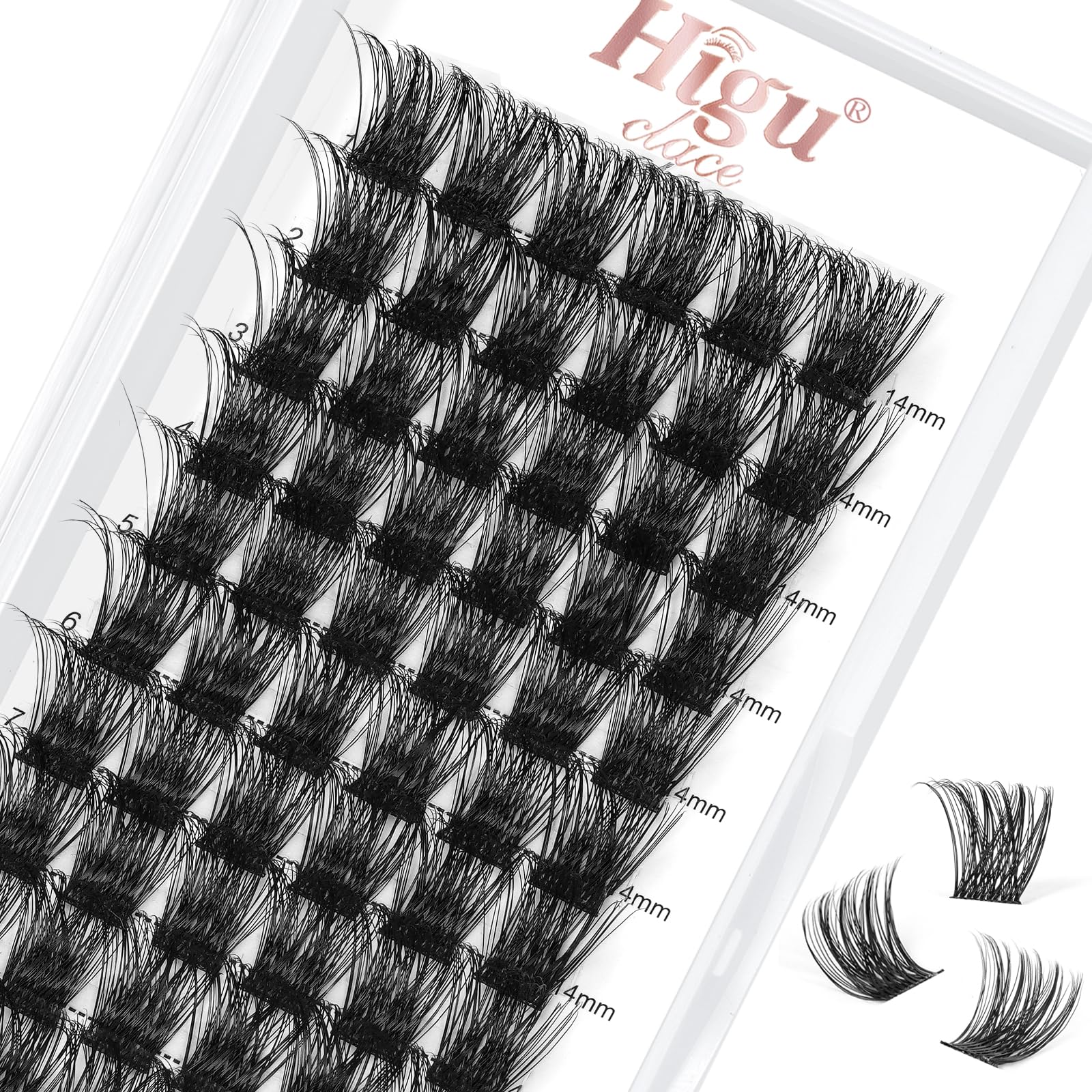 Higu clace Lash Clusters, 72pcs DIY Eyelash Extensions D Curl 14mm Lash Extensions Thin Stem Individual Lashes Cluster Lashes Wispy Reusable Bushy for Self-application (H-02 D Curl 14mm) — image 1