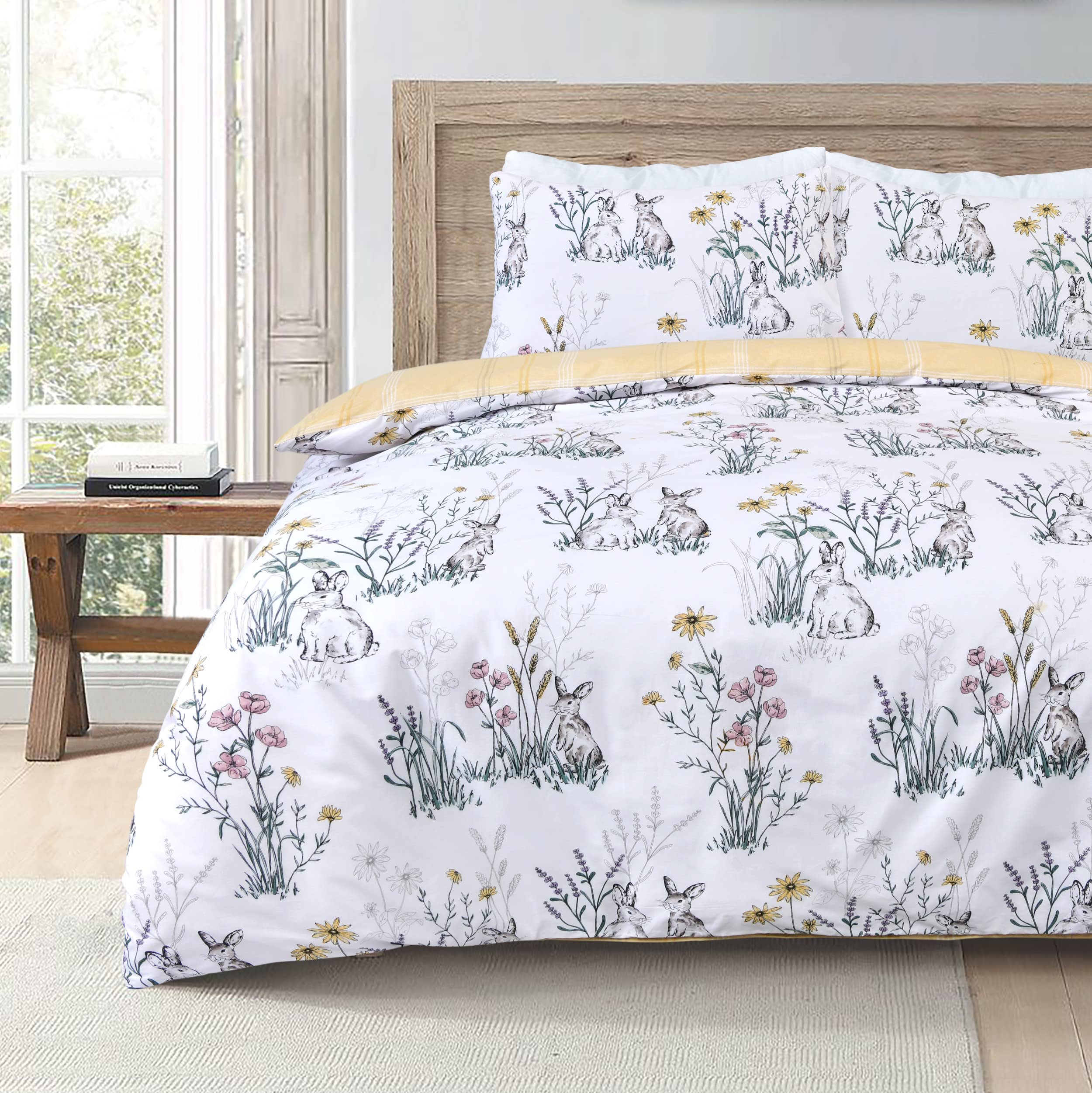 Sleepdown Rabbit Meadow Floral White Ochre Plaid Check Reversible Duvet Cover Quilt Pillow Case Bedding Set Soft Easy Care - Single (135cm x 200cm)