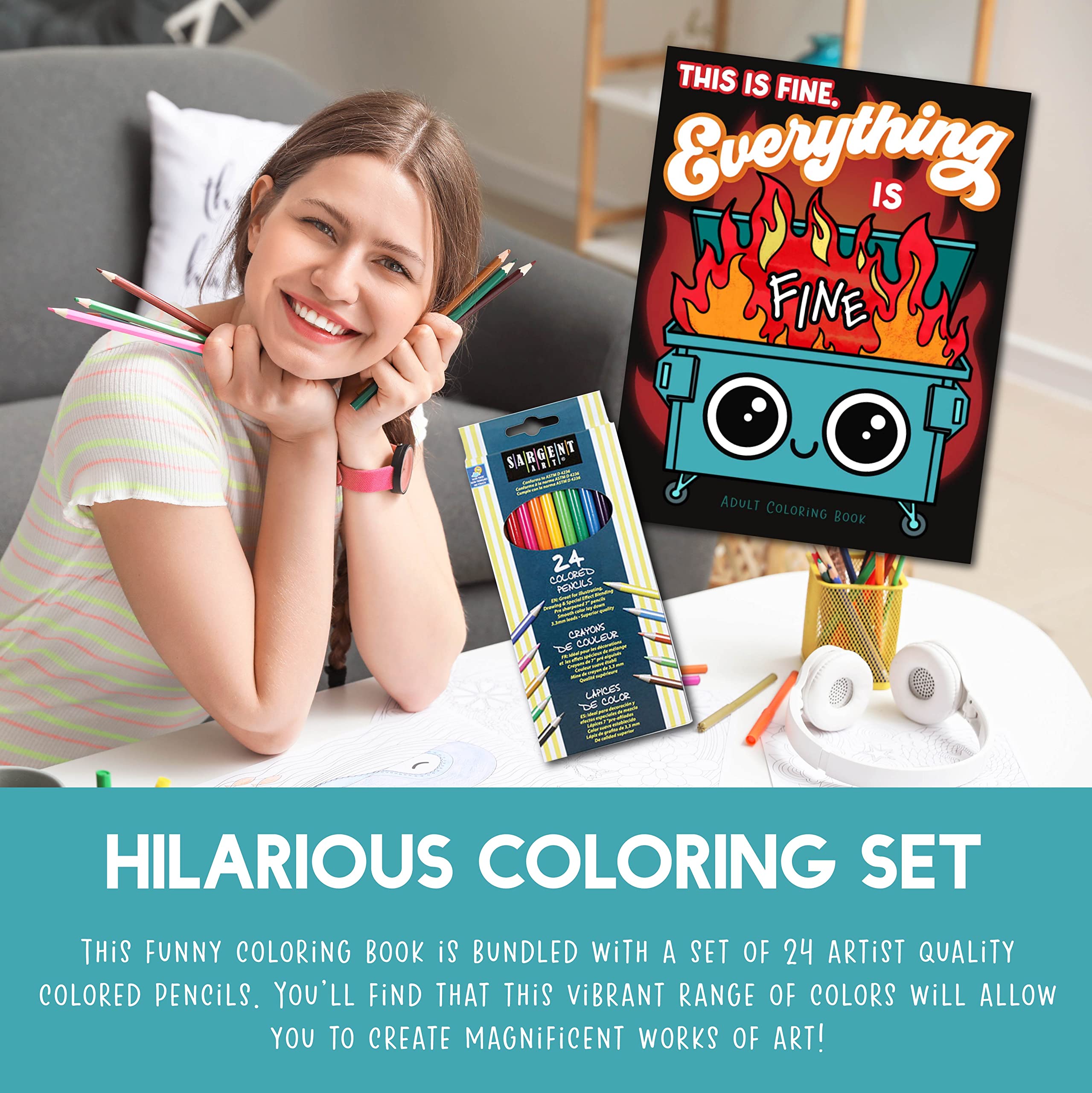Everything is Fine Dumpster Fire Funny Coloring Books for Adults Gag Gift with 24 Colored Pencils - Art Book, Funny Gifts for Coworkers Care Package Stress Relief Art Set