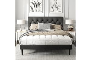 HAOARA Full Size Platform Bed Frame with Upholstered Button Tufted Headboard, Mattress Foundation with Wooden Slat Support, Noise Free, No Box Spring Needed, Easy Assembly, Dark Grey