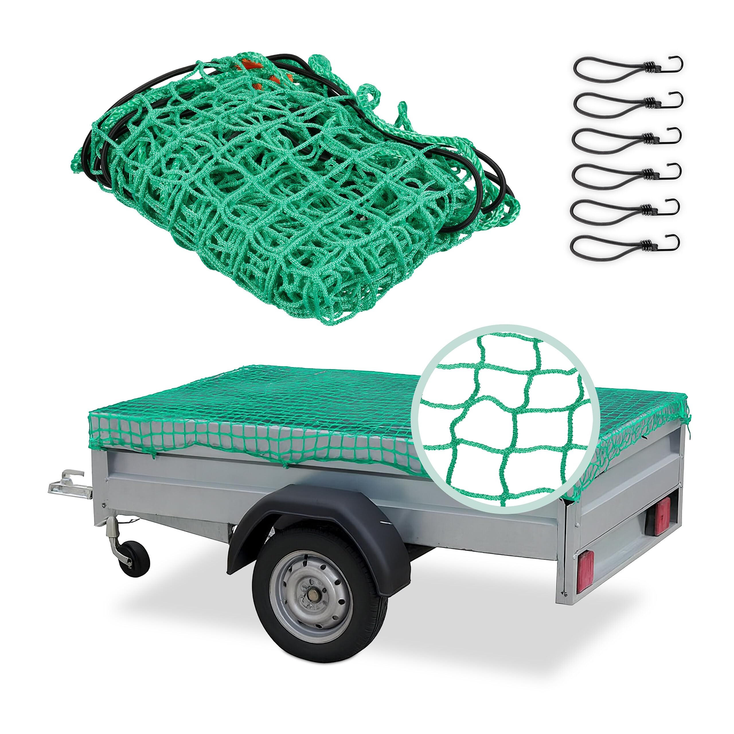 Relaxdays Net, 1.5 x 2.2 m, with 6 Hooks, Corner Markings, Rubber Cord, Trailer Load Securing, Green, 0.6x150x220cm