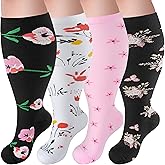 Tinojye 4 Pairs Plus Size Compression Socks,Extra Wide Calf 20-30 mmHg Knee High Compression Socks for Men Women Circulation