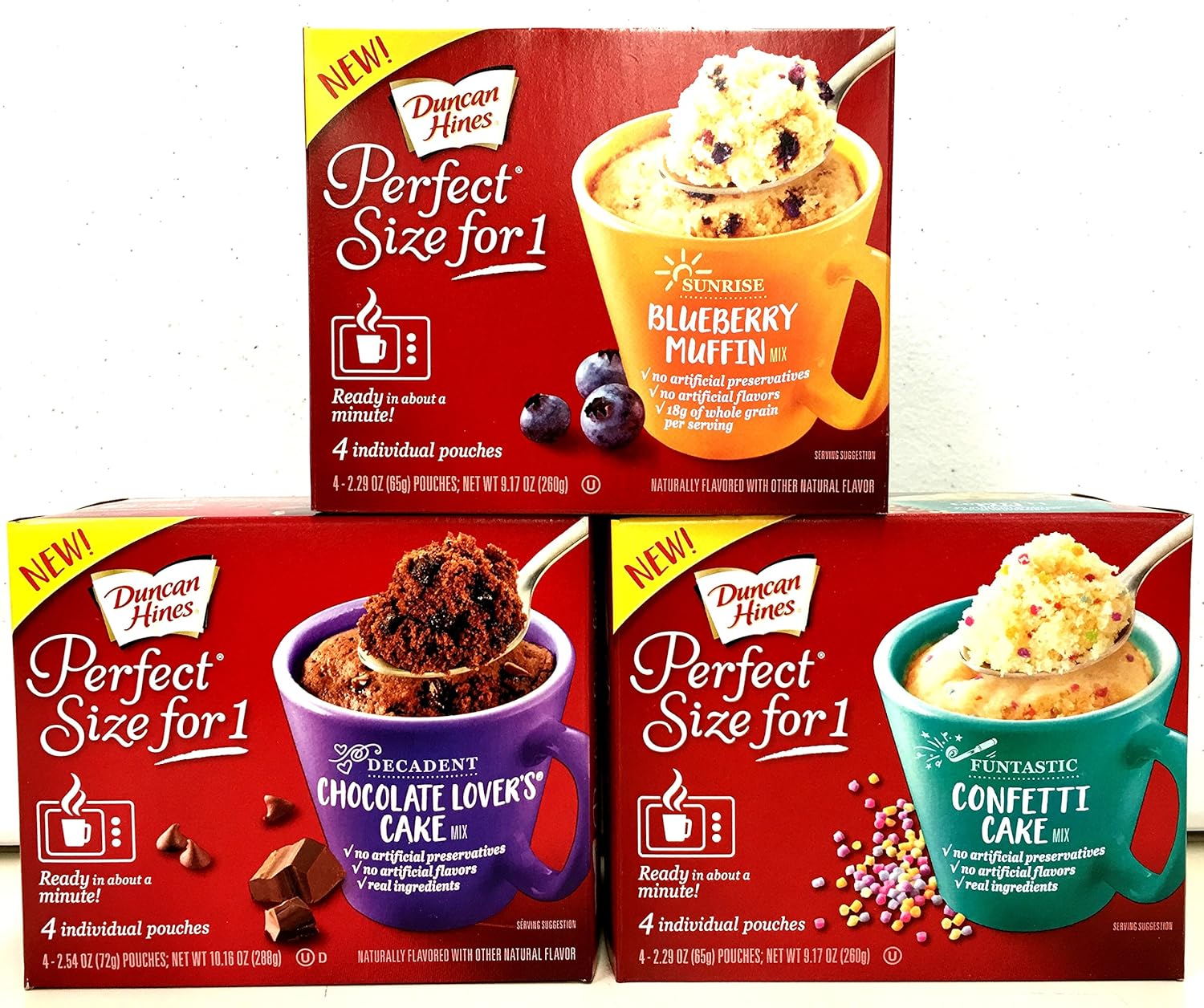 Duncan Hines Perfect Size for 1, Blueberry Muffin, Chocolate Lovers, Confetti Cake (Variety Pack of 3)