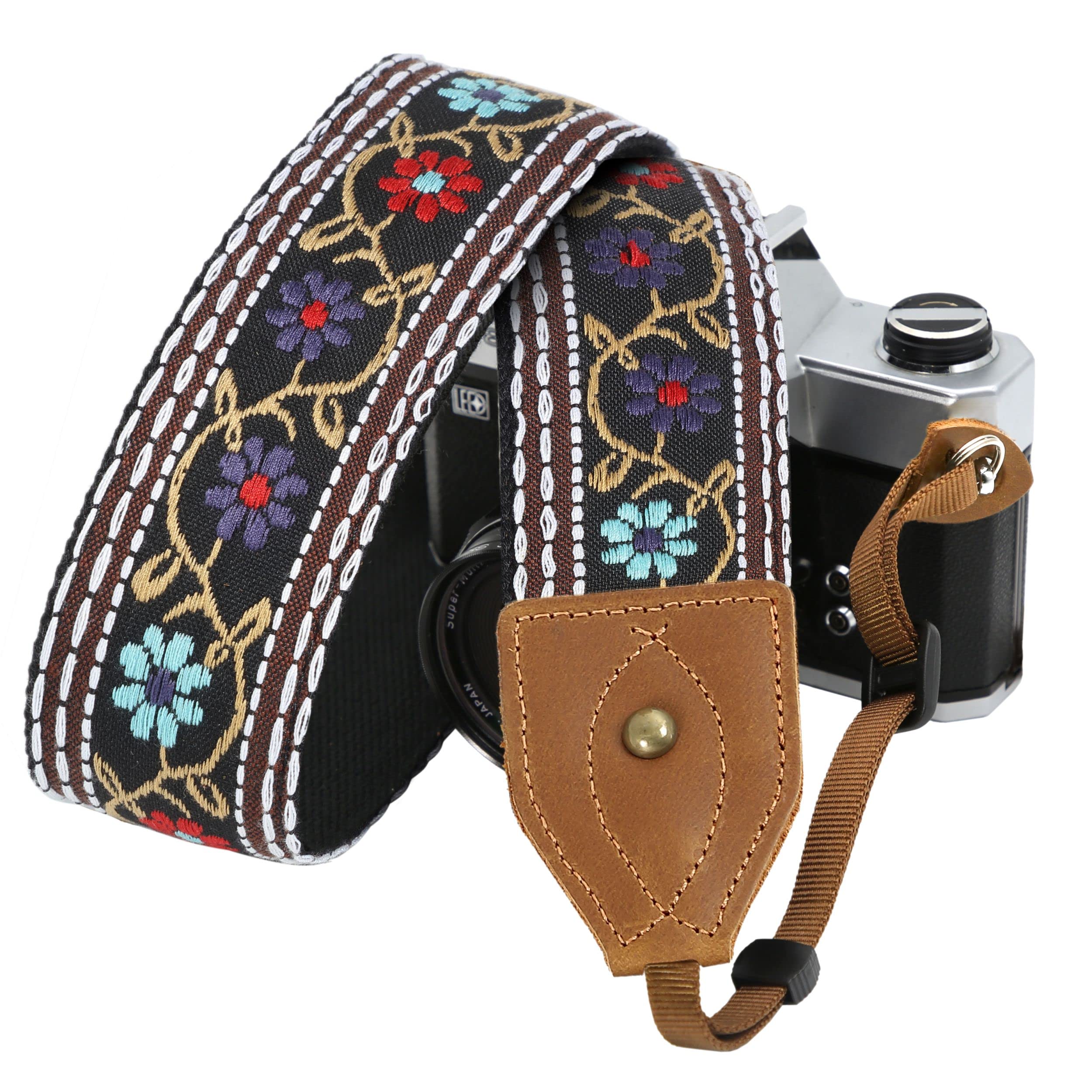 Padwa Lifestyle 2" Wide Classic Crazy Horse Art Cowhide Head Camera Strap - Jacquard Embroidery Floral Vintage Camera Straps for Photographers Gift, Adjustable Shoulder Neck Strap Fits DSLR Cameras