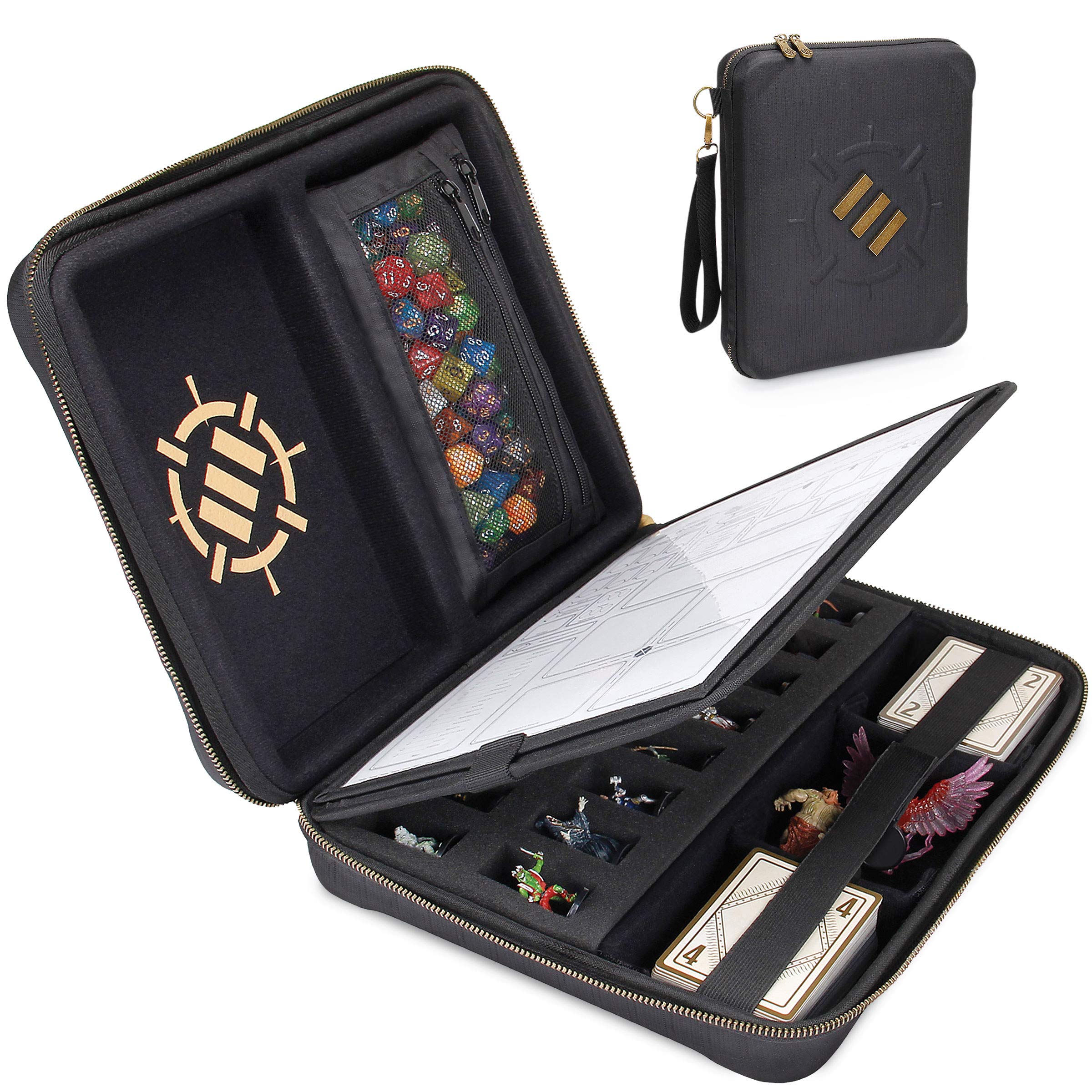 ENHANCE RPG Organizer Case - DND Binder with Built-in Character Sheet Holder and Erasable Scribe Panel, Dice Rolling Area, Removable Pen Pouch, Miniature Foam Tray, Wrist Strap, and More (Black)