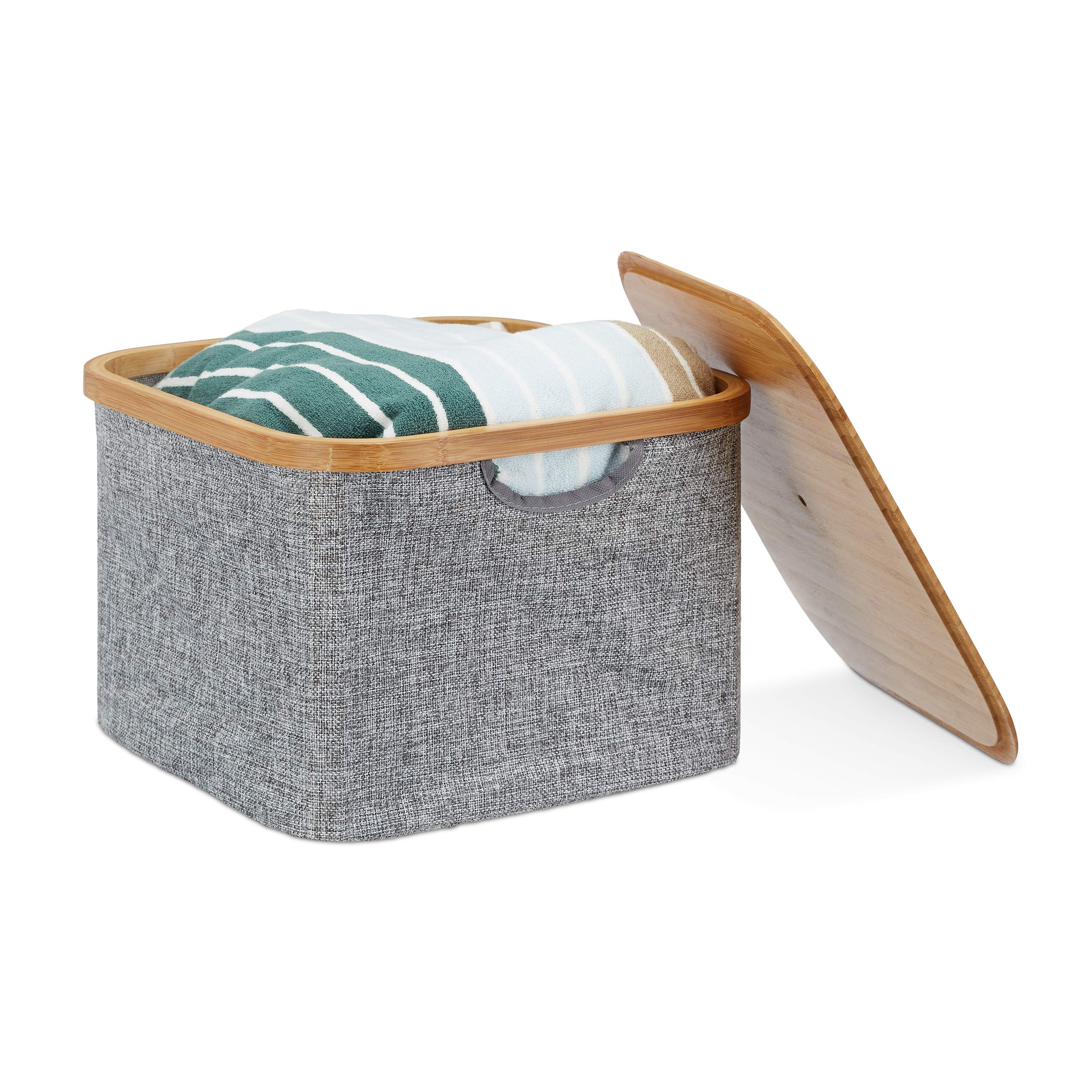 Relaxdays Fabric Storage Basket, Grey Laundry Hamper, Square Folding Shelf Bin, Lidded, HxWxD: 25 x 33 x 33 cm, Grey