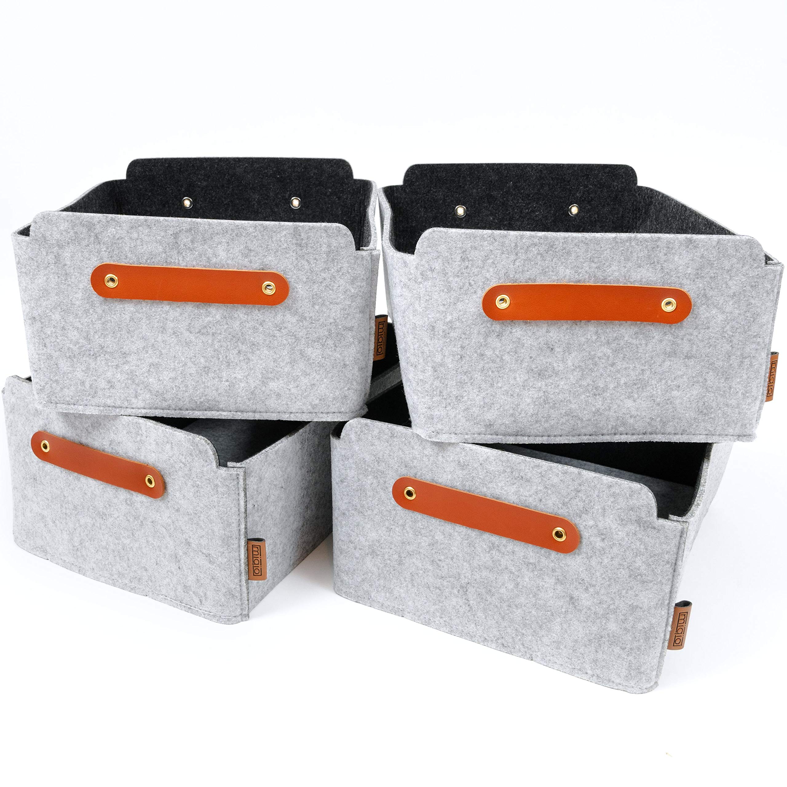 Miqio® Felt Storage Box with Leather Handle, Set of 4, Size 12x10x6 inch, light Grey — image 1