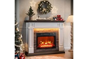 NAICE 44" Electric Fireplace Mantel, LED Farmhouse TV Stand with Electric Fireplace Heater, Stacked Stone Surround and Remote Control 3D Realistic Flame, White Fireplace for Living Room Bedroom