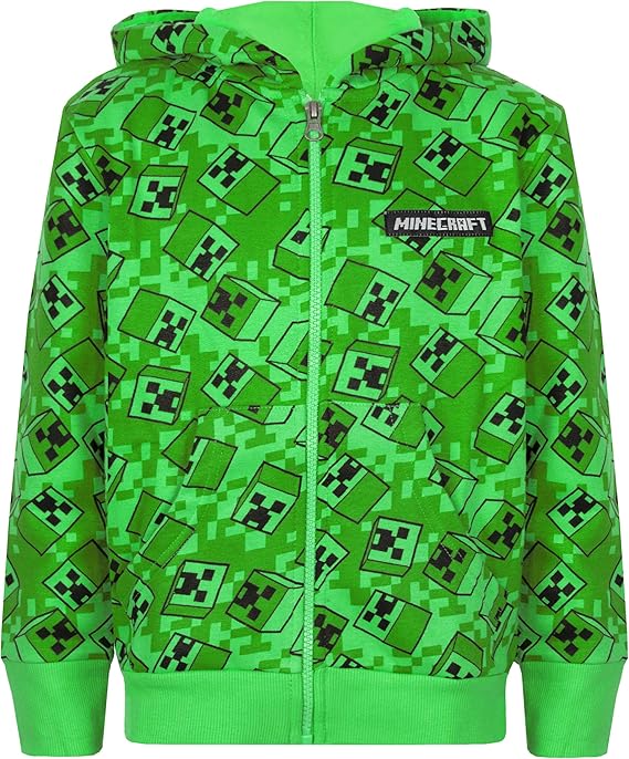 Minecraft Creeper All Over Print Boys Green Zip Up Hoodie Kids Hooded