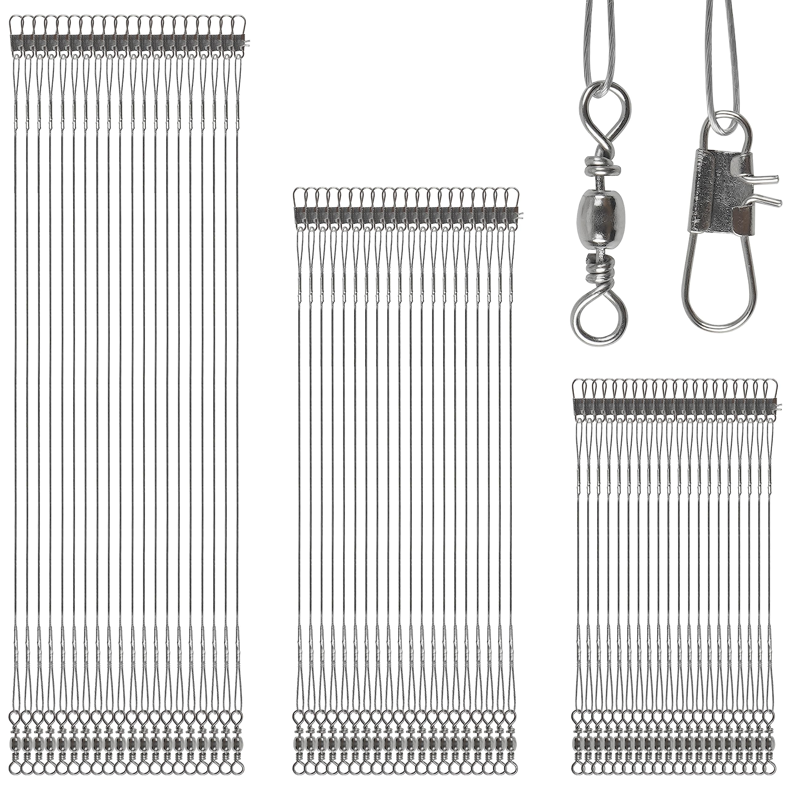 Fishing Leaders Kit, 60pcs Stainless Steel Fishing Leaders Saltwater Wire Leader Lines with Swivels Snaps Fishing Tackle Lures Bait Hook Connector 6/8/10inch