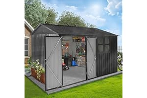 ZYERCH 10X8 FT Outdoor Storage Shed with Window, Large Garden Shed for Lawn Mower, Garbage Can, Bike, Metal Tool Sheds for Patio, Lawn, Waterproof Storage House, Black