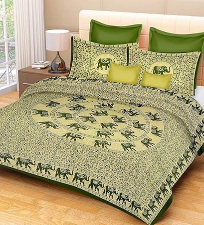 RajasthaniKart Classic Feather 144 TC Cotton Double Bedsheet with 2 Pillow Covers - Green