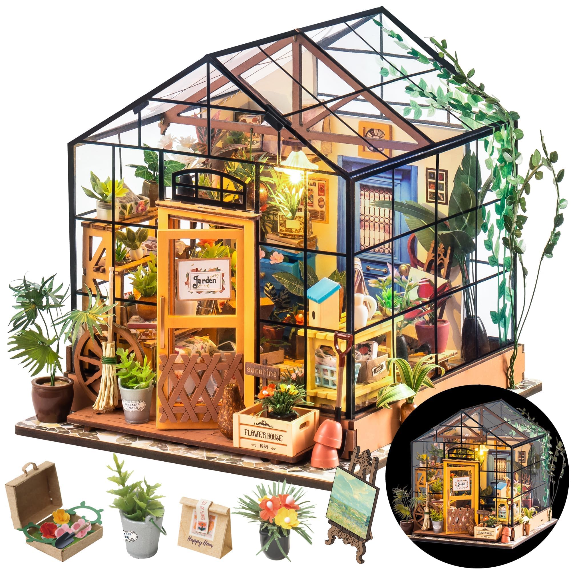 ROWOOD Doll House Kit Greenhouse, DIY Miniature Room with LED light, Wooden Model Building Kit for Adults, Cathy's Flower House for Christmas