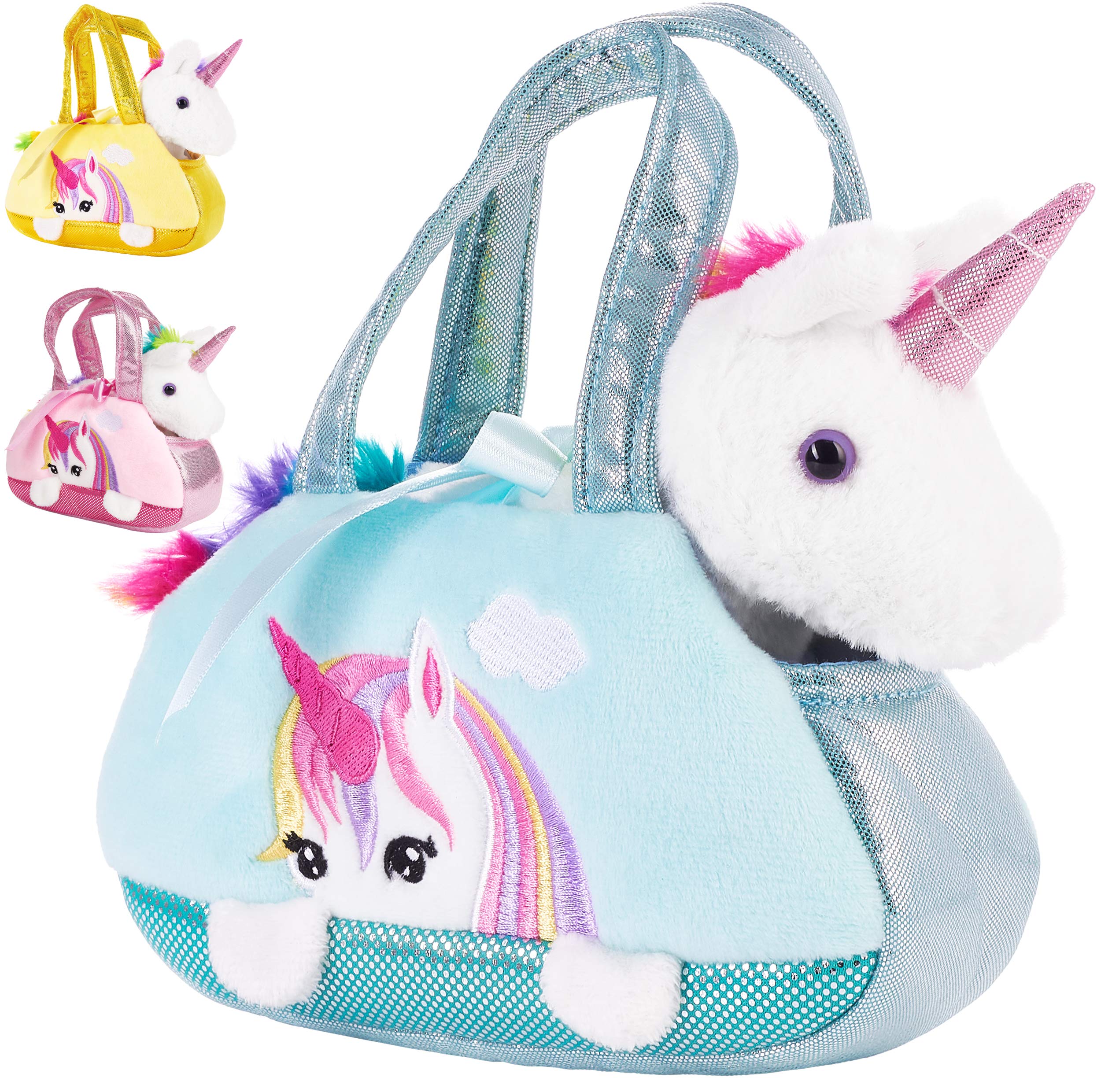 BRUBAKER Rainbow Plush Unicorn in Handbag - 8 Inches (20 cm) - Soft Toy in Bag - Cuddly Toy - Mint Blue