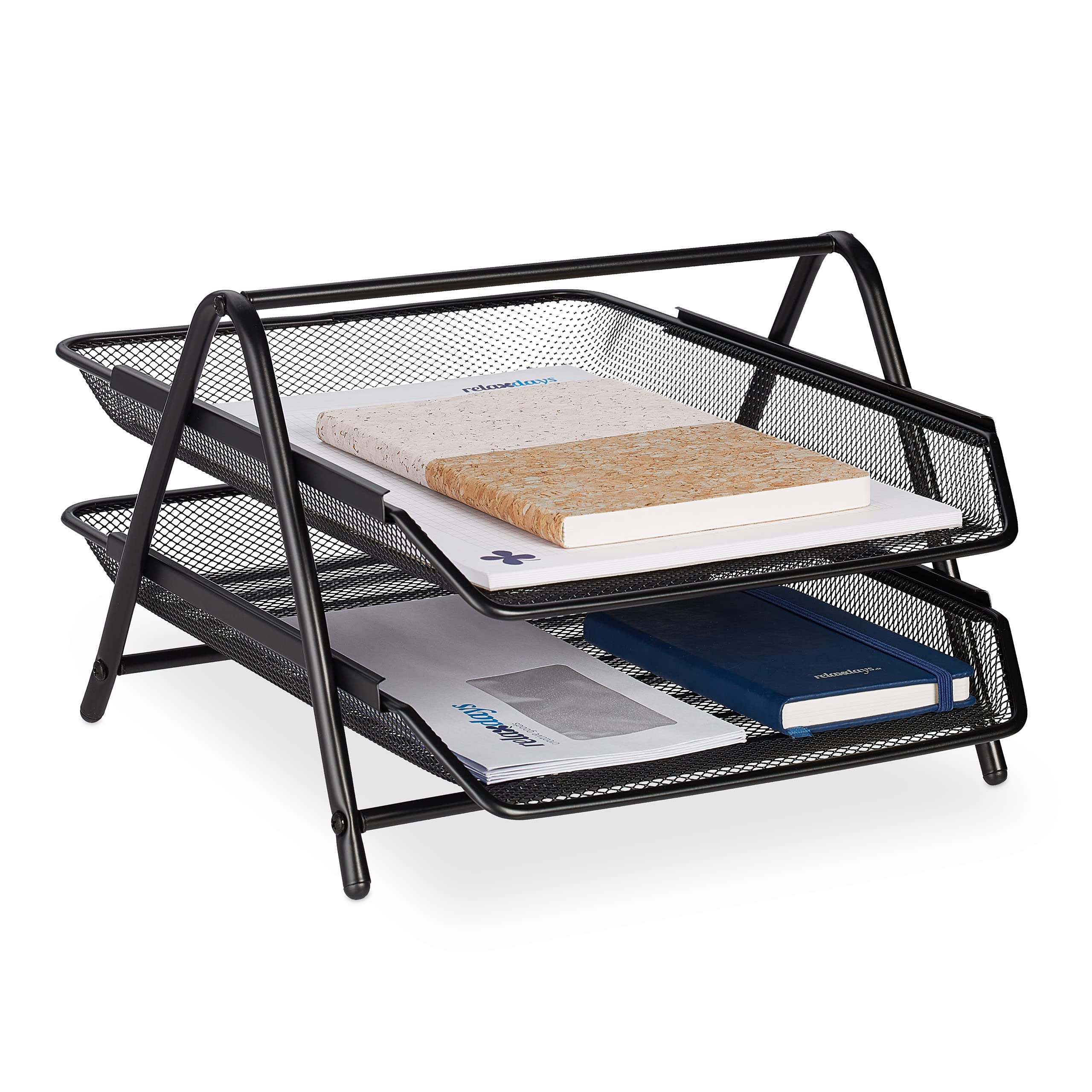 Relaxdays Document Tray, 2 Compartments, Office, H x W x D: 20.5 x 30 x 35.5 cm, Mesh Style, Metal, Black, Steel