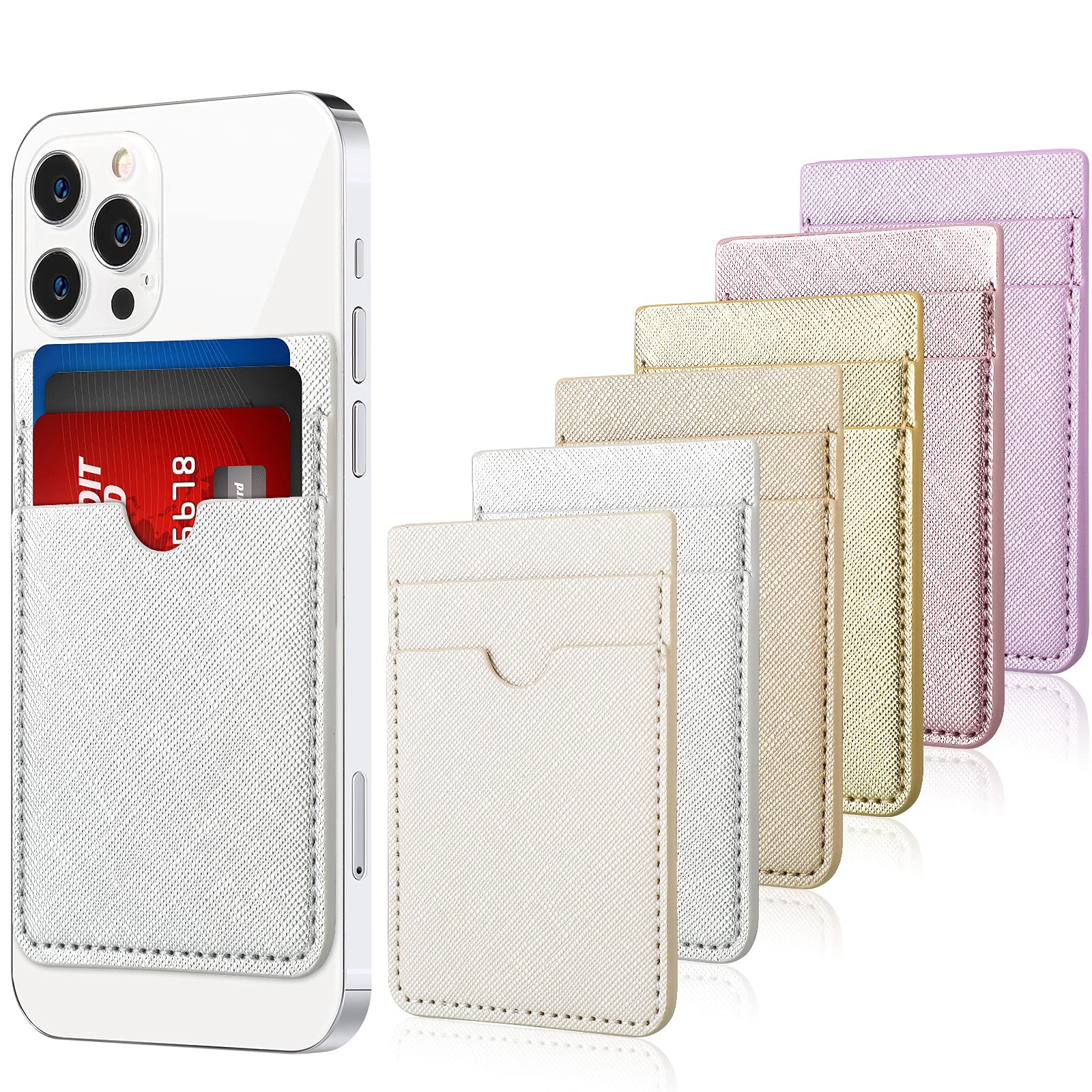 Photo 1 of 6 Pcs Phone Wallet Rfid PU Leather Stick on Wallet Phone Card Holder for Case Check ID Business Card Credit Cards Compatible Works with Most Smartphones 2.6 x 3.8 in(Solid,Charming Color)