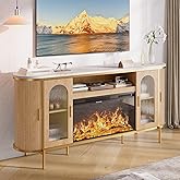 OneBlis 70" Fluted Fireplace TV Stand for TVs Up to 80 Inches, Entertainment Center with 30" Fireplace, Reeded Glass Door, Sliding Doors & Ajustable Shelves, Media TV Console for Living Room, Oak