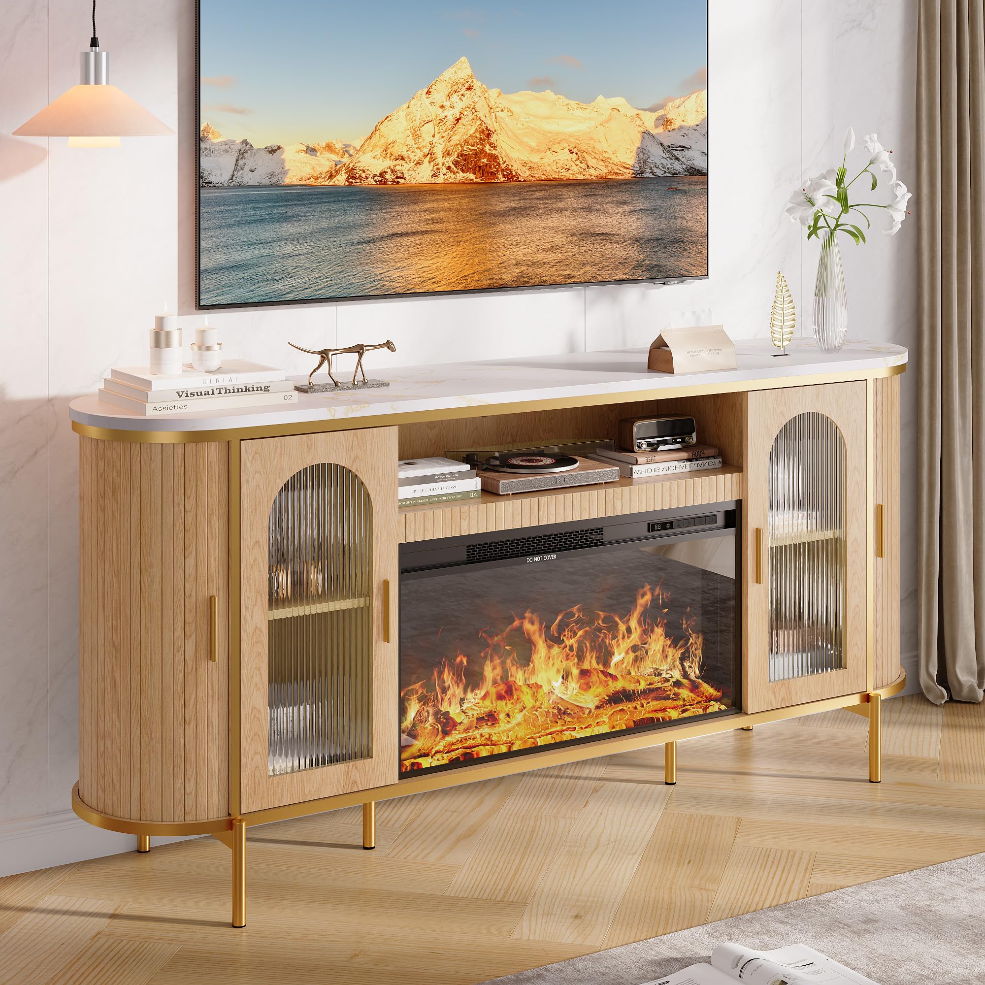 Photo 1 of **SELLING FOR PARTS AS PARTIAL SET. ONE BOX OF TWO**OneBlis 70" Fluted Fireplace TV Stand for TVs Up to 80 Inches, Entertainment Center with 30" Fireplace, Reeded Glass Door, Sliding Doors & Ajustable Shelves, Media TV Console for Living Room, Oak