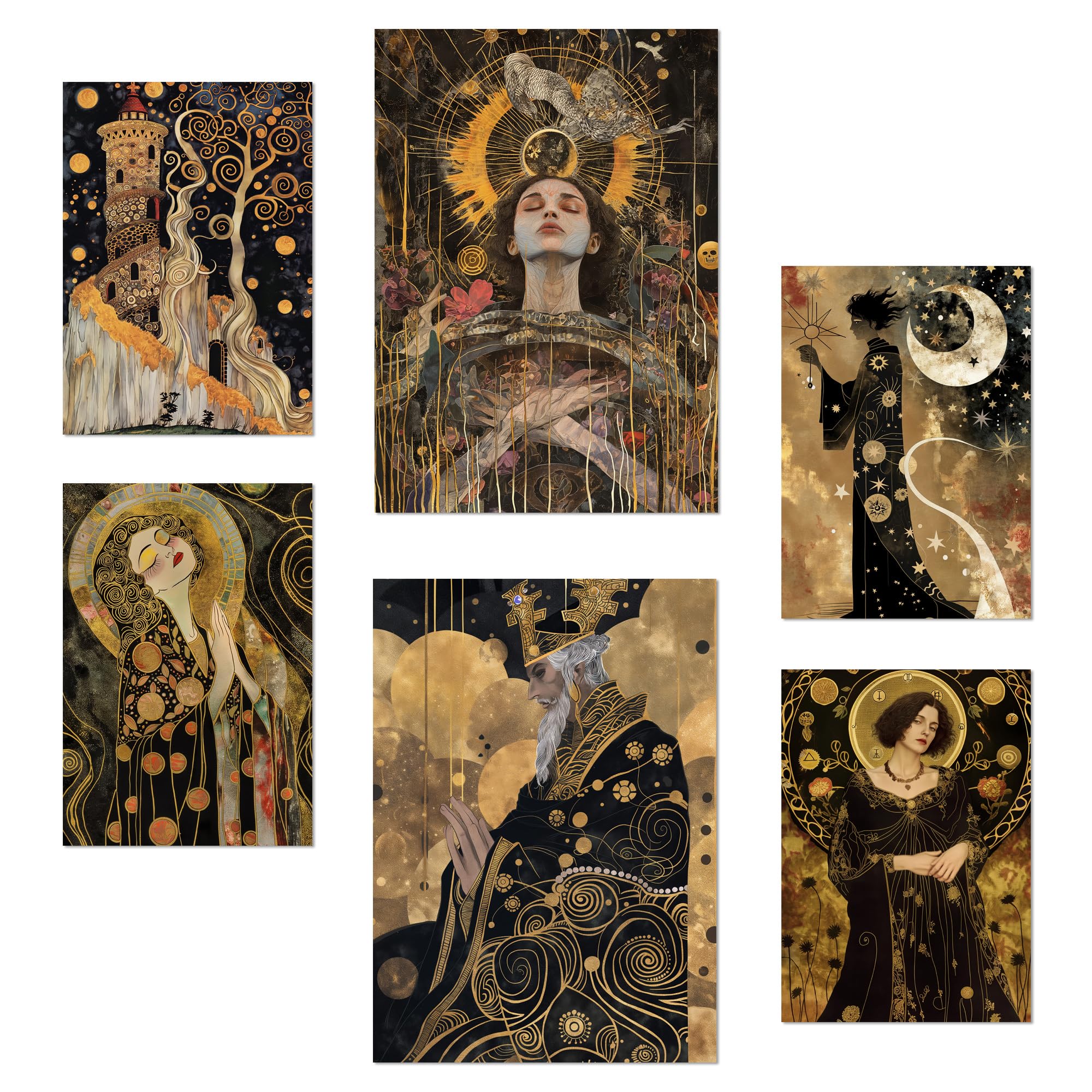 Nacnic Set of 6 Tarot Cards Arcana Black And Gold Colors Posters with design illustration to decorate the walls of home. Rooms, office, shop, business. A3 and A4 size. Frameless.