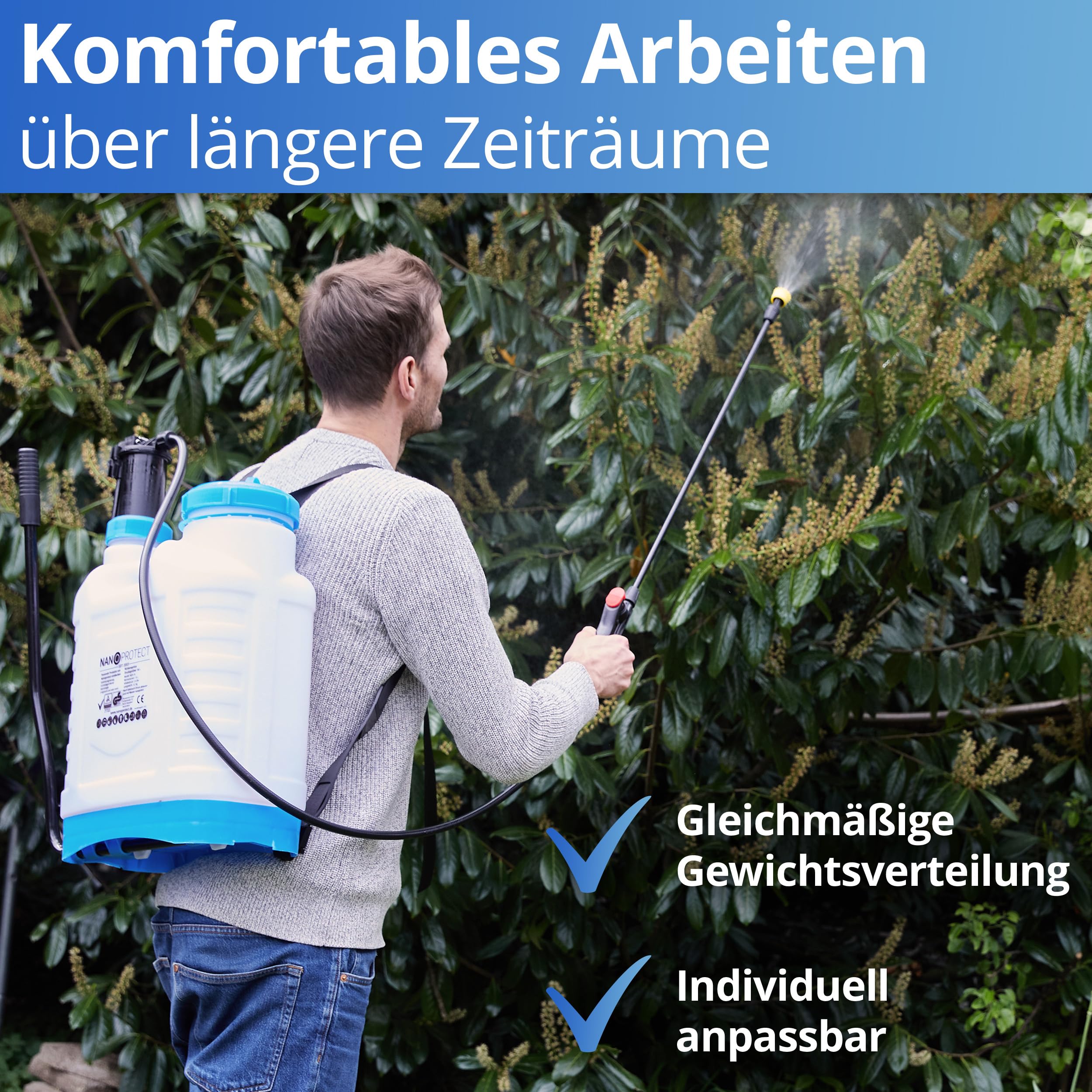 Nanoprotect Rückenspritze | 16 Liter | Leistungsstarke Gartenspritze mit 3 verstellbaren Düsen | Säurebeständig | TÜV-geprüft | Gartensprüher mit Schultergurten und extralangem Schlauch | Sprühgerät 4