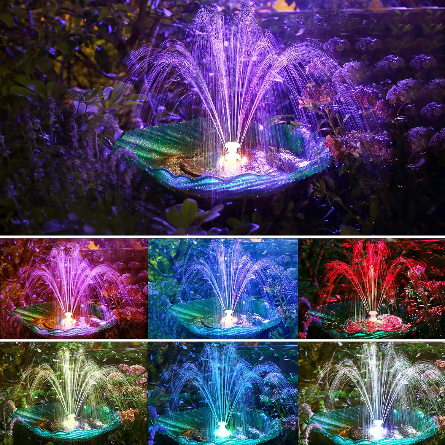 AISITIN 5.5W Solar Fountain Pump with LED Lights, Solar Powered Water Fountain Pump with 3000mAh Battery and 7 Double Sprayer Nozzles Floating Solar Fountain for Bird Bath, Garden, Pond, Pool, Outdoor: Kitchen & Dining